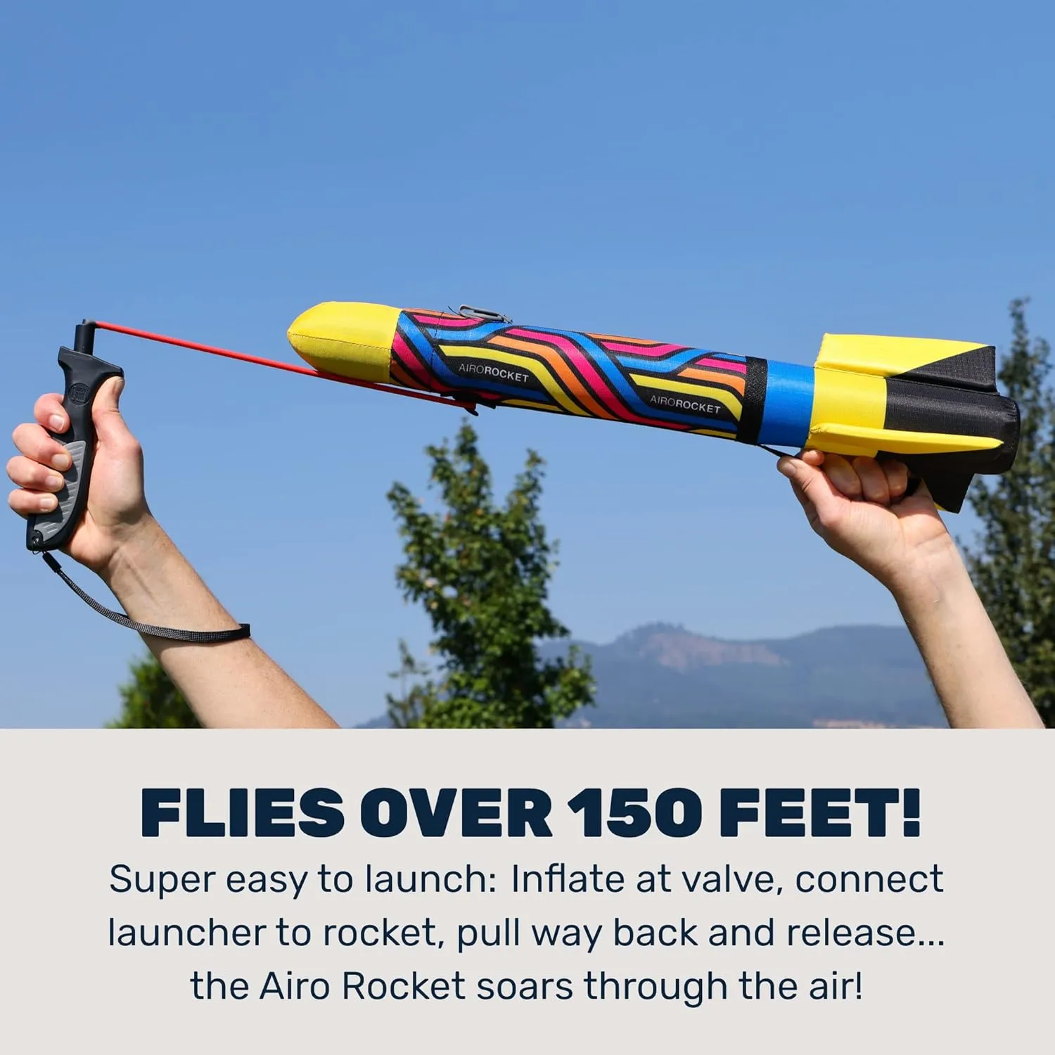 Airo Rocket Hand Launched Inflatable Kit - Includes Giant 20 Inch Ripstop Nylon Rocket, Hand Launcher and Storage Bag - Soars 150 Feet - Ages 6 
