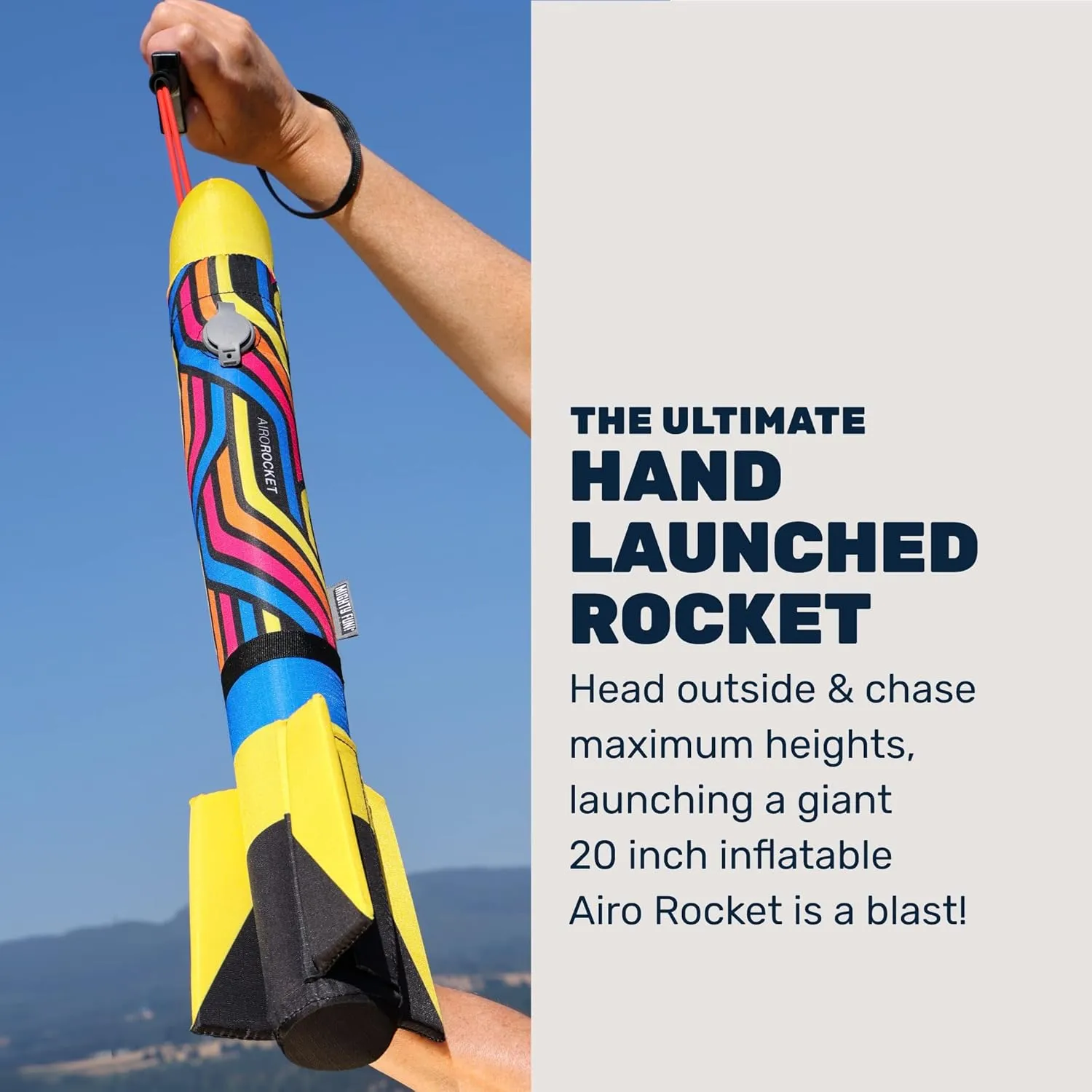 Airo Rocket Hand Launched Inflatable Kit - Includes Giant 20 Inch Ripstop Nylon Rocket, Hand Launcher and Storage Bag - Soars 150 Feet - Ages 6 