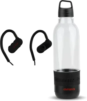 AIWA Water Bottle with Speaker and Earphone Bundle - 400ml Water Bottle with 4 Hour Playtime and Wireless Sports Earphones with Integrated Mic, 10 Hours Playtime for Workout, Camping and Hiking,Black