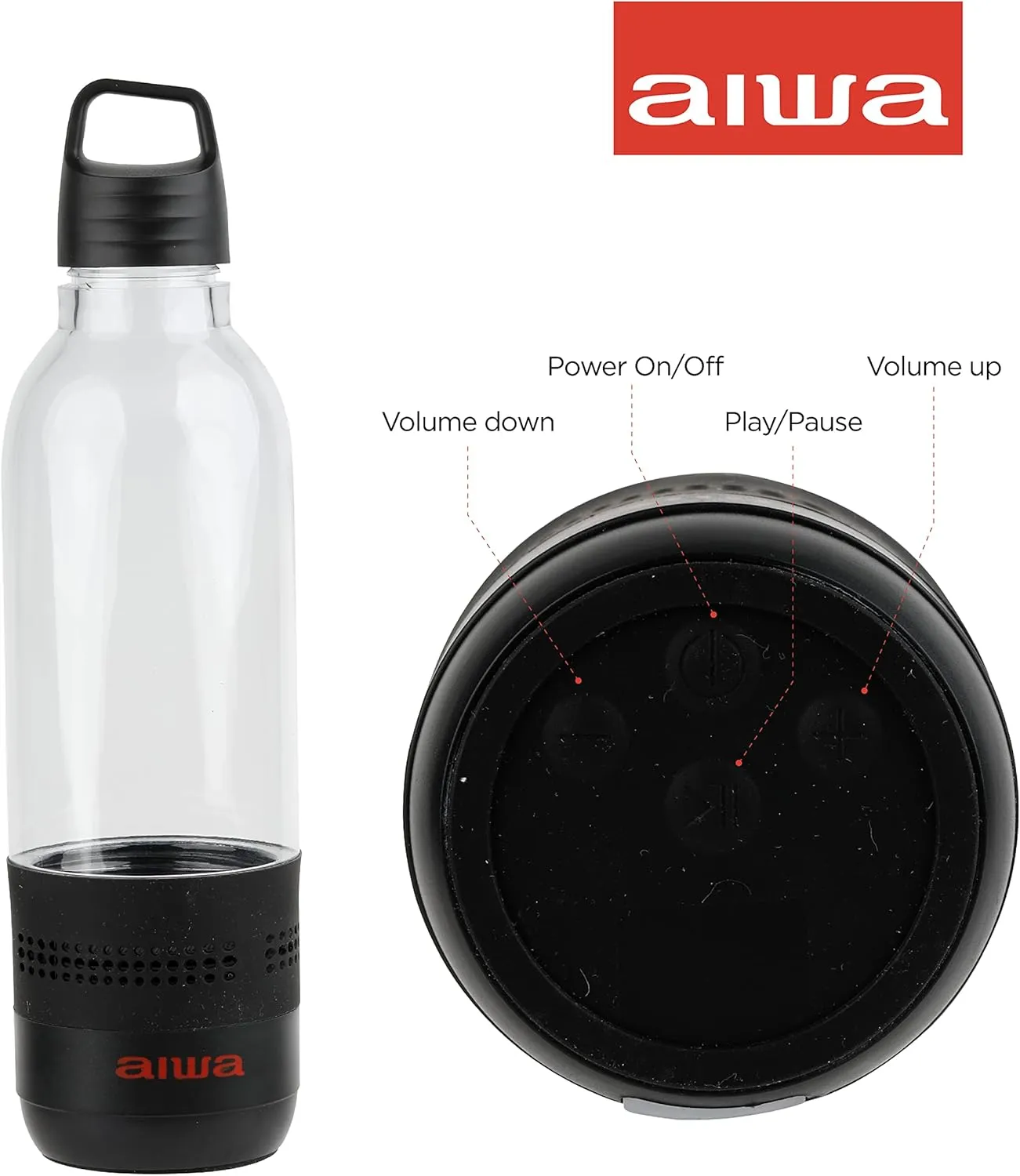 AIWA Water Bottle with Speaker and Earphone Bundle - 400ml Water Bottle with 4 Hour Playtime and Wireless Sports Earphones with Integrated Mic, 10 Hours Playtime for Workout, Camping and Hiking,Black