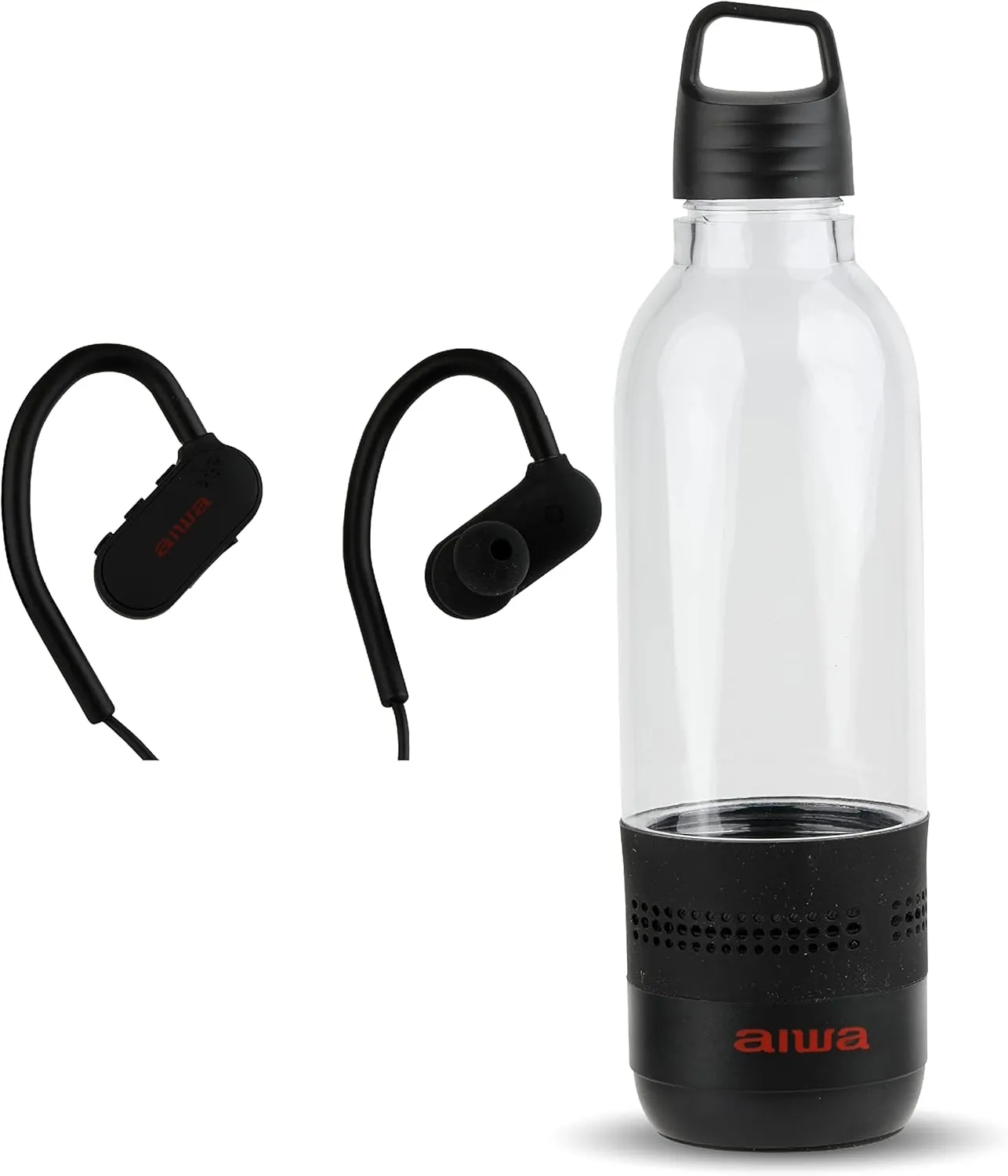 AIWA Water Bottle with Speaker and Earphone Bundle - 400ml Water Bottle with 4 Hour Playtime and Wireless Sports Earphones with Integrated Mic, 10 Hours Playtime for Workout, Camping and Hiking,Black