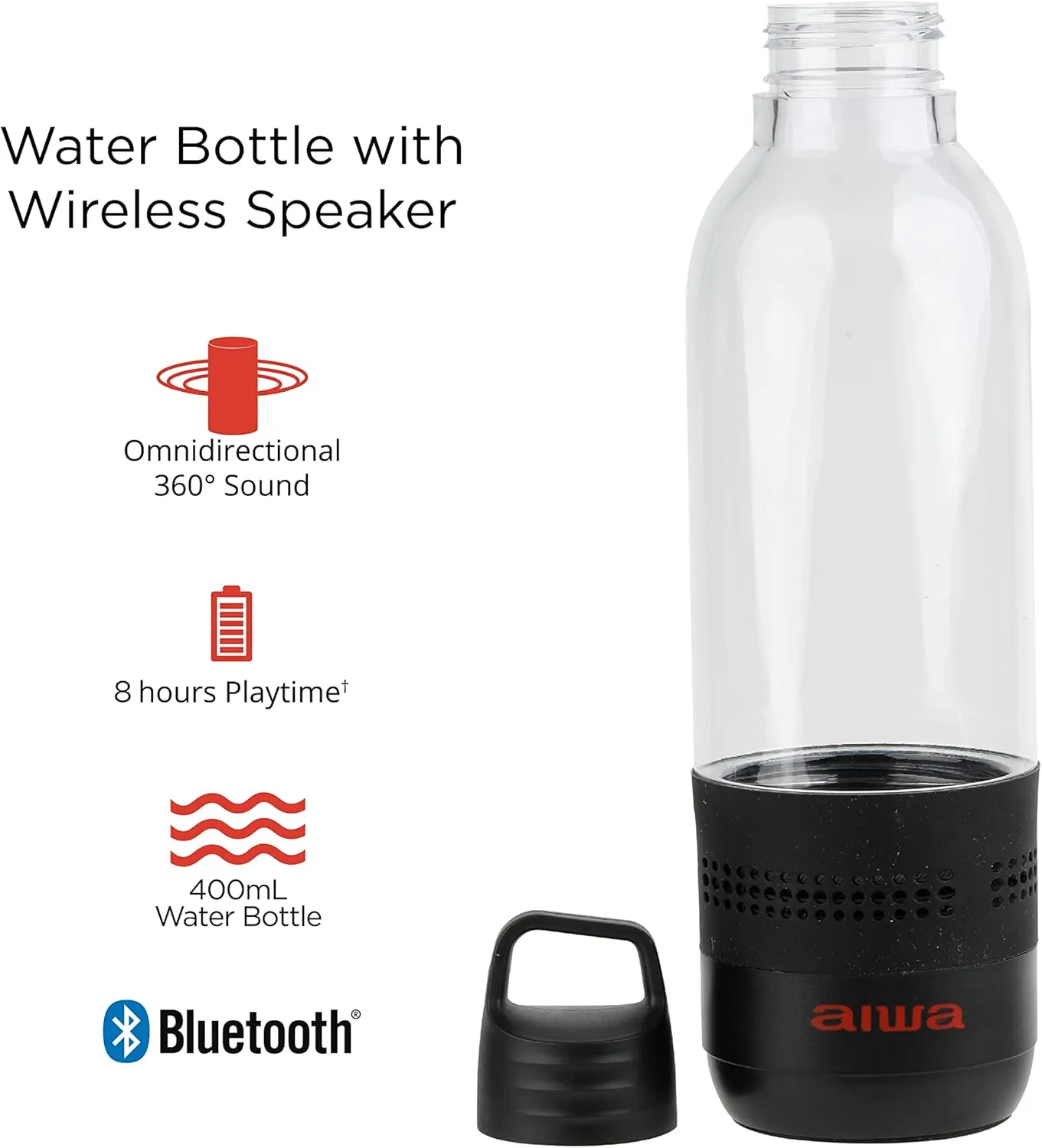 AIWA Water Bottle with Speaker and Earphone Bundle - 400ml Water Bottle with 4 Hour Playtime and Wireless Sports Earphones with Integrated Mic, 10 Hours Playtime for Workout, Camping and Hiking,Black