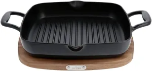 All-Clad Cast Iron Enameled Square Grill with Acacia Trivet 11 Inch Induction Oven Broiler Safe 650F Pots and Pans, Cookware Black