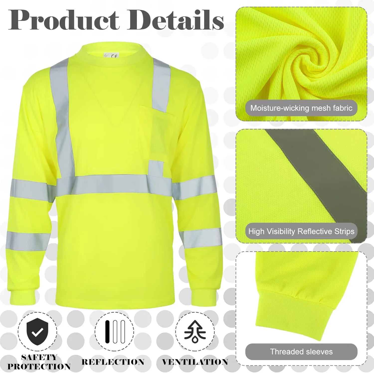 Amylove 4 Pcs Long Sleeve Safety Shirt High Visibility Reflective Construction Work Shirts for Men Women(XXXL,Yellow)
