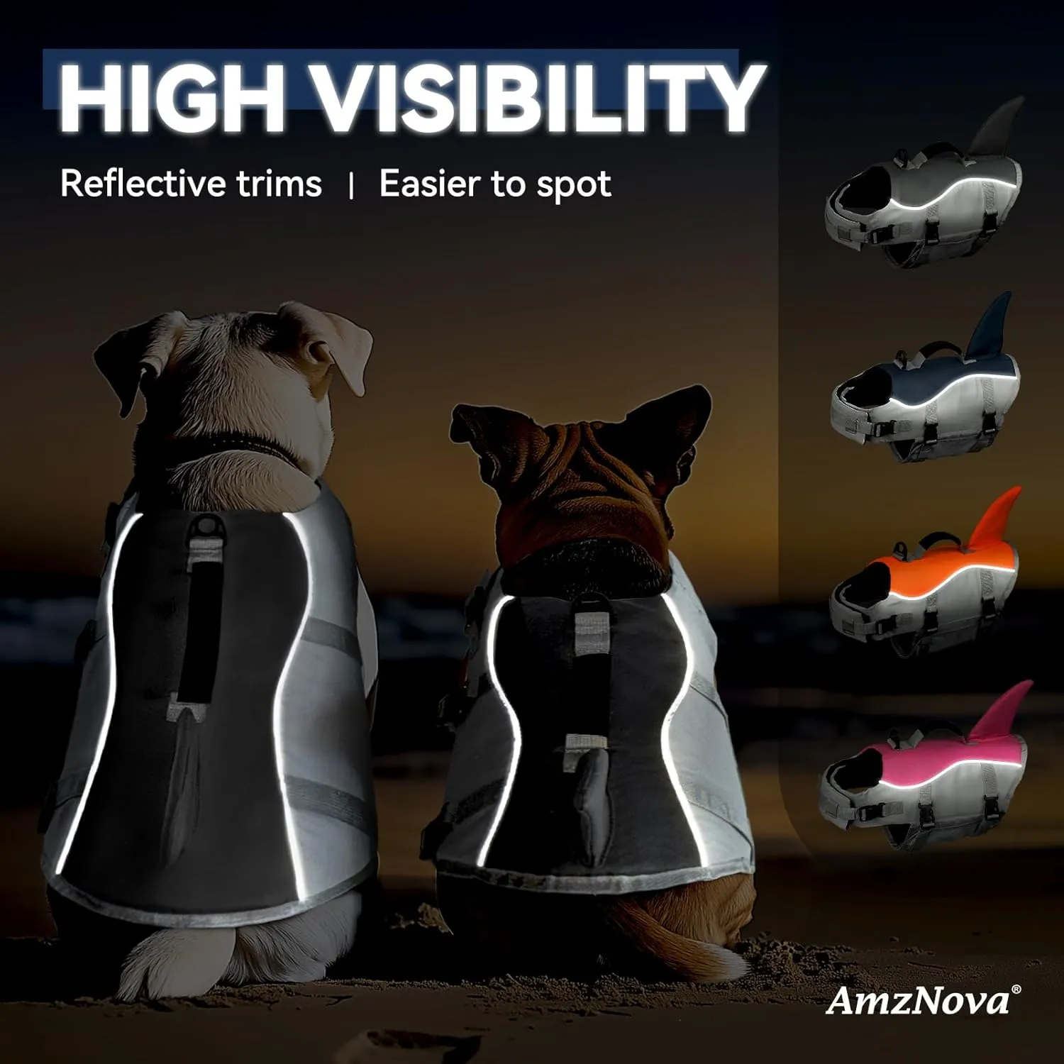 AMZNOVA Shark Dog Life Jacket Dog Life Vest for Boating Pet Swimming Life Jacket Doggy Float Vest Lifejacket Water Swim for Swimming Kayaking Handle Durable PFD M Grey