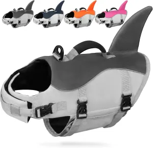 AMZNOVA Shark Dog Life Jacket Dog Life Vest for Boating Pet Swimming Life Jacket Doggy Float Vest Lifejacket Water Swim for Swimming Kayaking Handle Durable PFD M Grey