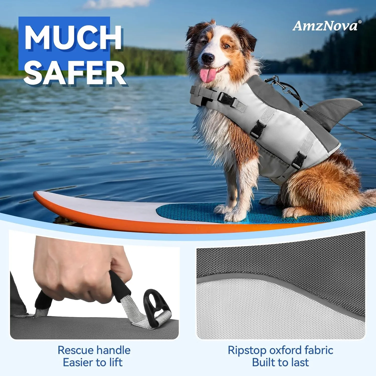 AMZNOVA Shark Dog Life Jacket Dog Life Vest for Boating Pet Swimming Life Jacket Doggy Float Vest Lifejacket Water Swim for Swimming Kayaking Handle Durable PFD M Grey