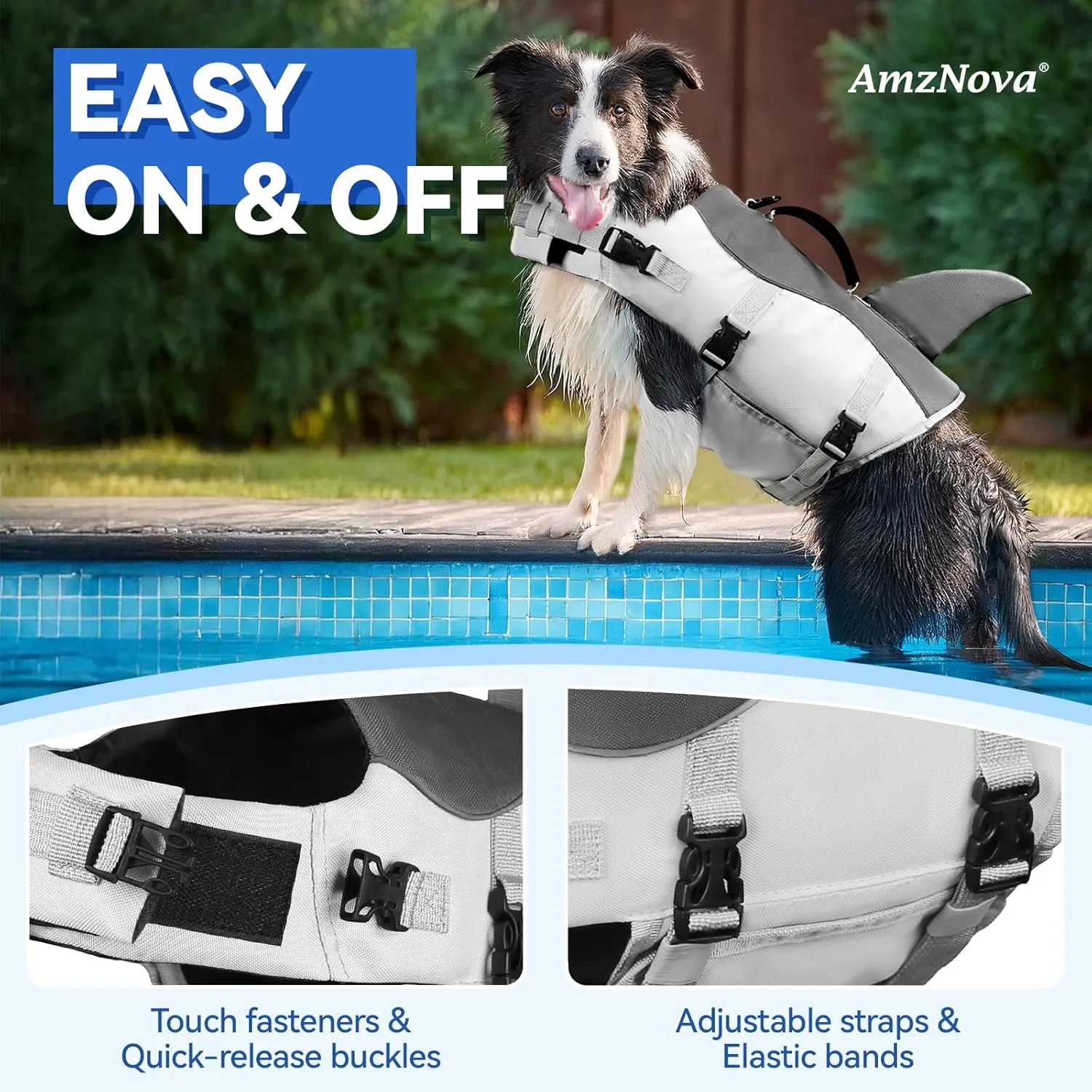 AMZNOVA Shark Dog Life Jacket Dog Life Vest for Boating Pet Swimming Life Jacket Doggy Float Vest Lifejacket Water Swim for Swimming Kayaking Handle Durable PFD M Grey