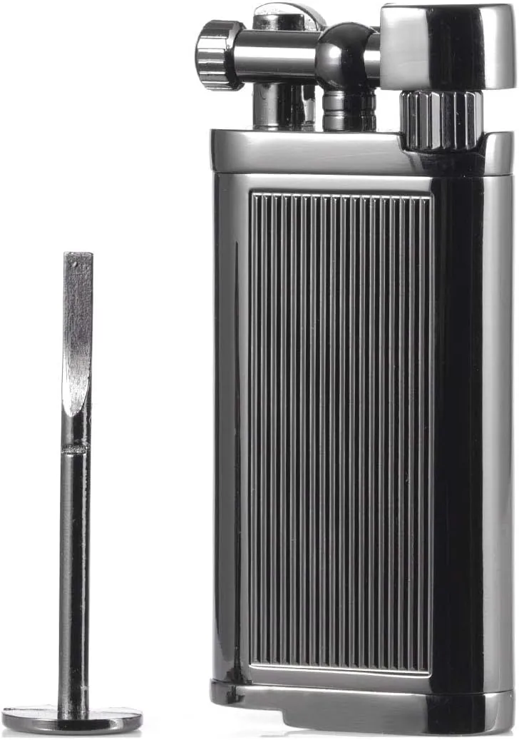 Angled Soft Flame Antique Style Lift Arm Butane Refillable Lighter with Tamper & Pick (Black)