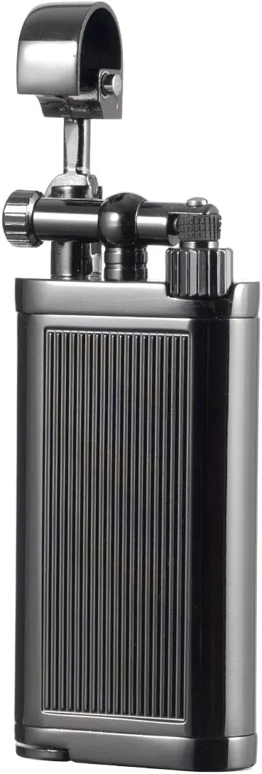 Angled Soft Flame Antique Style Lift Arm Butane Refillable Lighter with Tamper & Pick (Black)