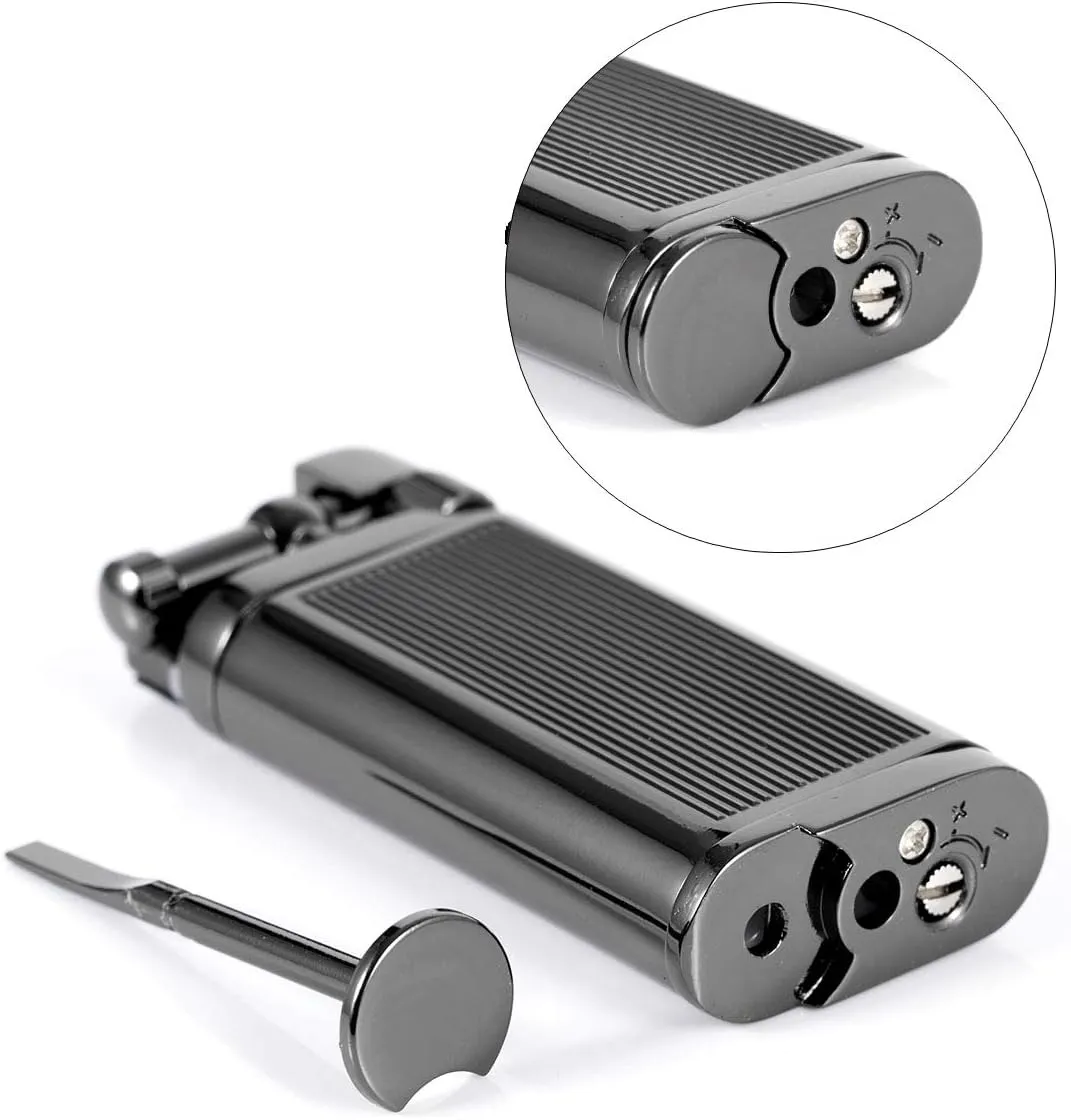 Angled Soft Flame Antique Style Lift Arm Butane Refillable Lighter with Tamper & Pick (Black)