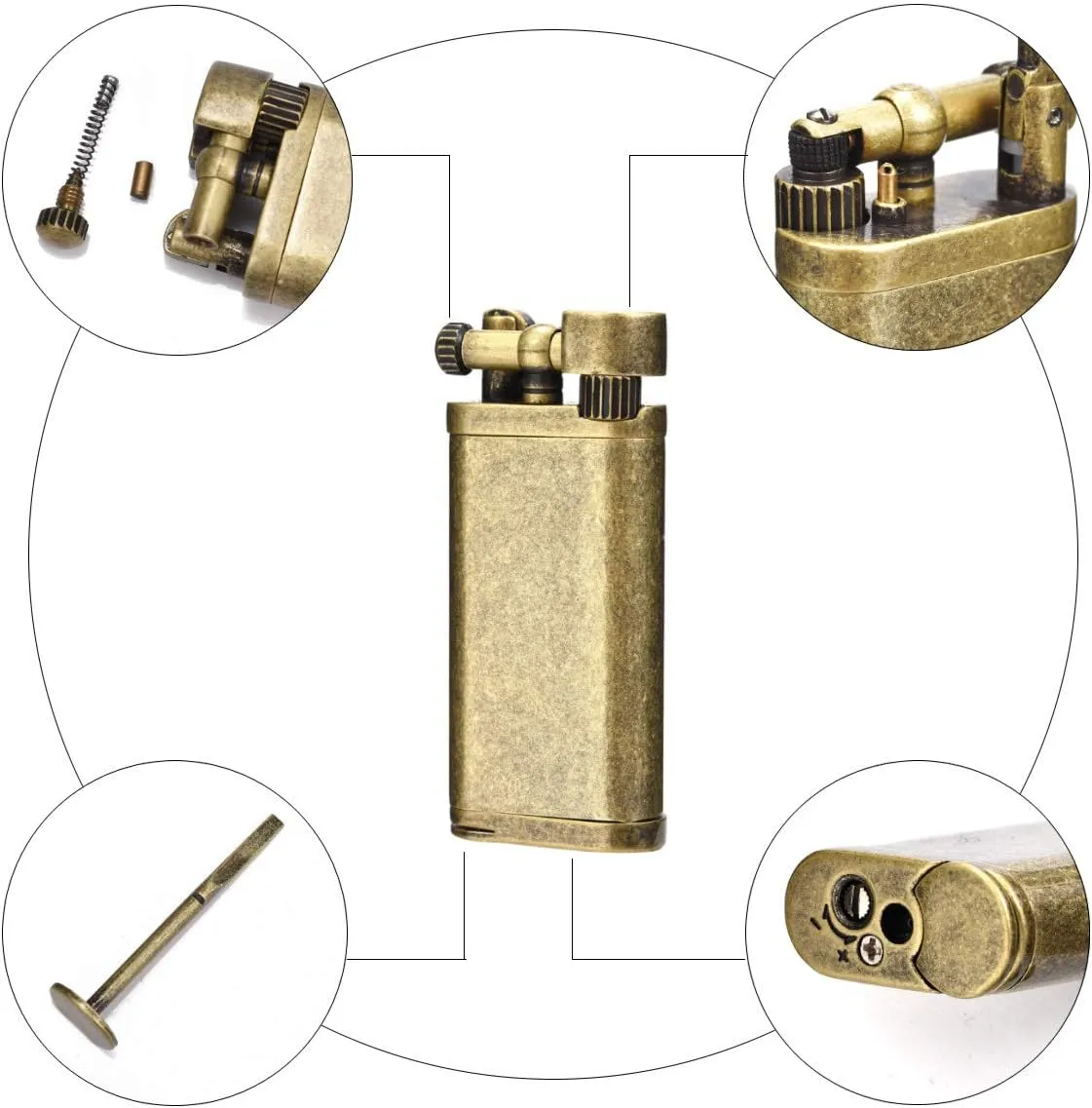 Angled Soft Flame Antique Style Lift Arm Butane Refillable Lighter with Tamper & Pick (Bronze)