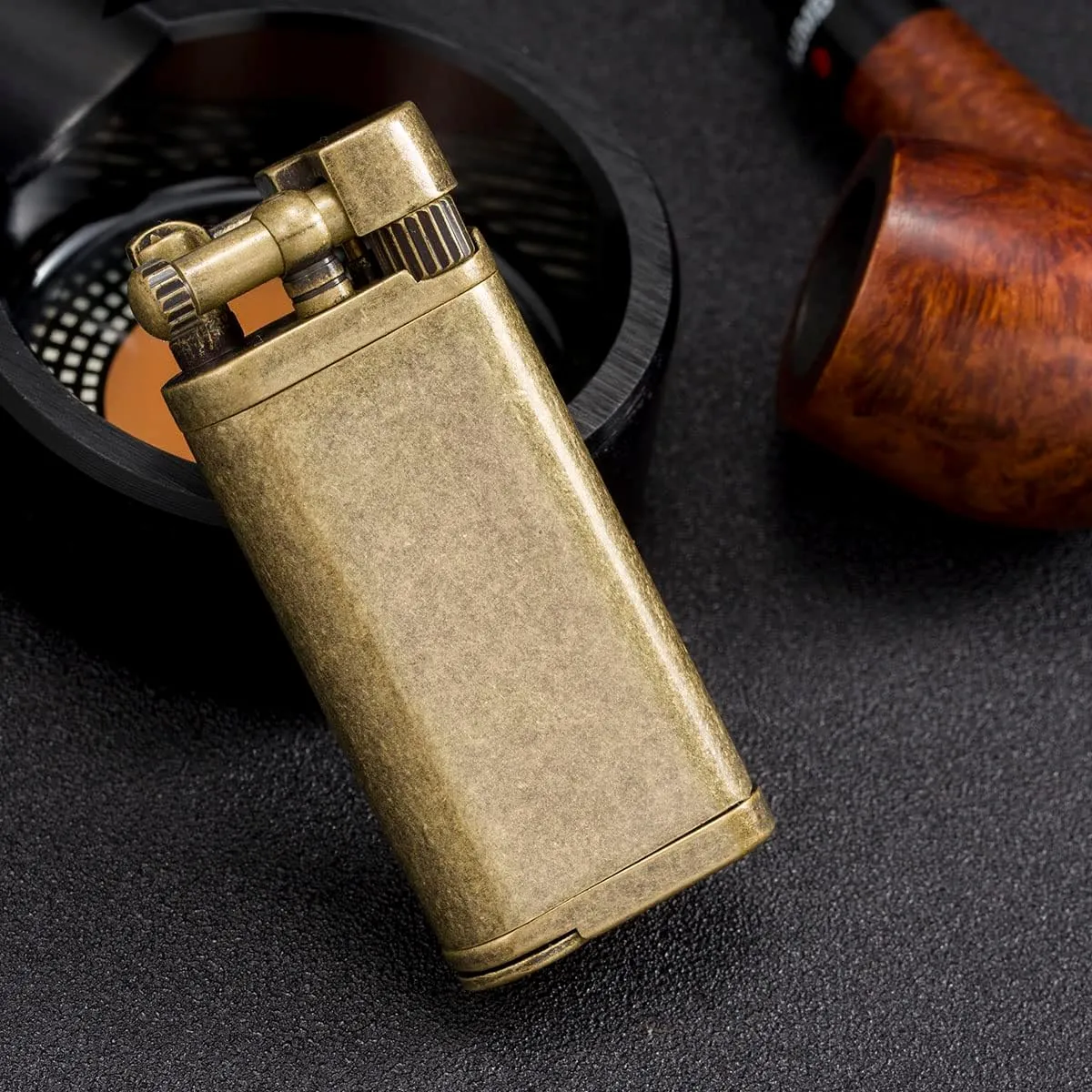 Angled Soft Flame Antique Style Lift Arm Butane Refillable Lighter with Tamper & Pick (Bronze)