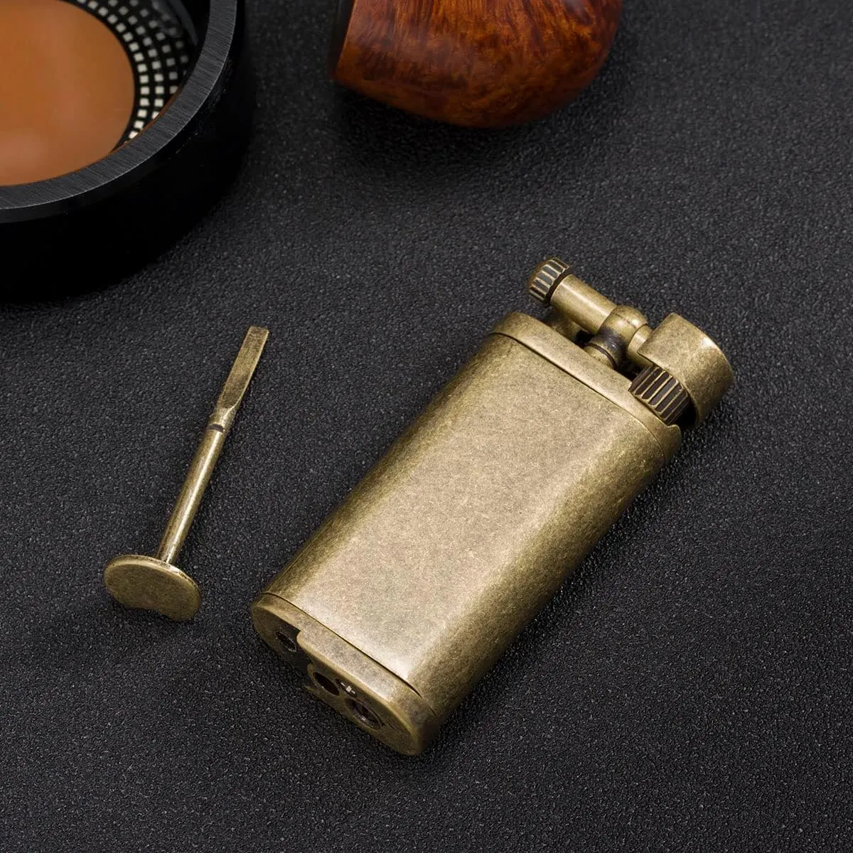 Angled Soft Flame Antique Style Lift Arm Butane Refillable Lighter with Tamper & Pick (Bronze)