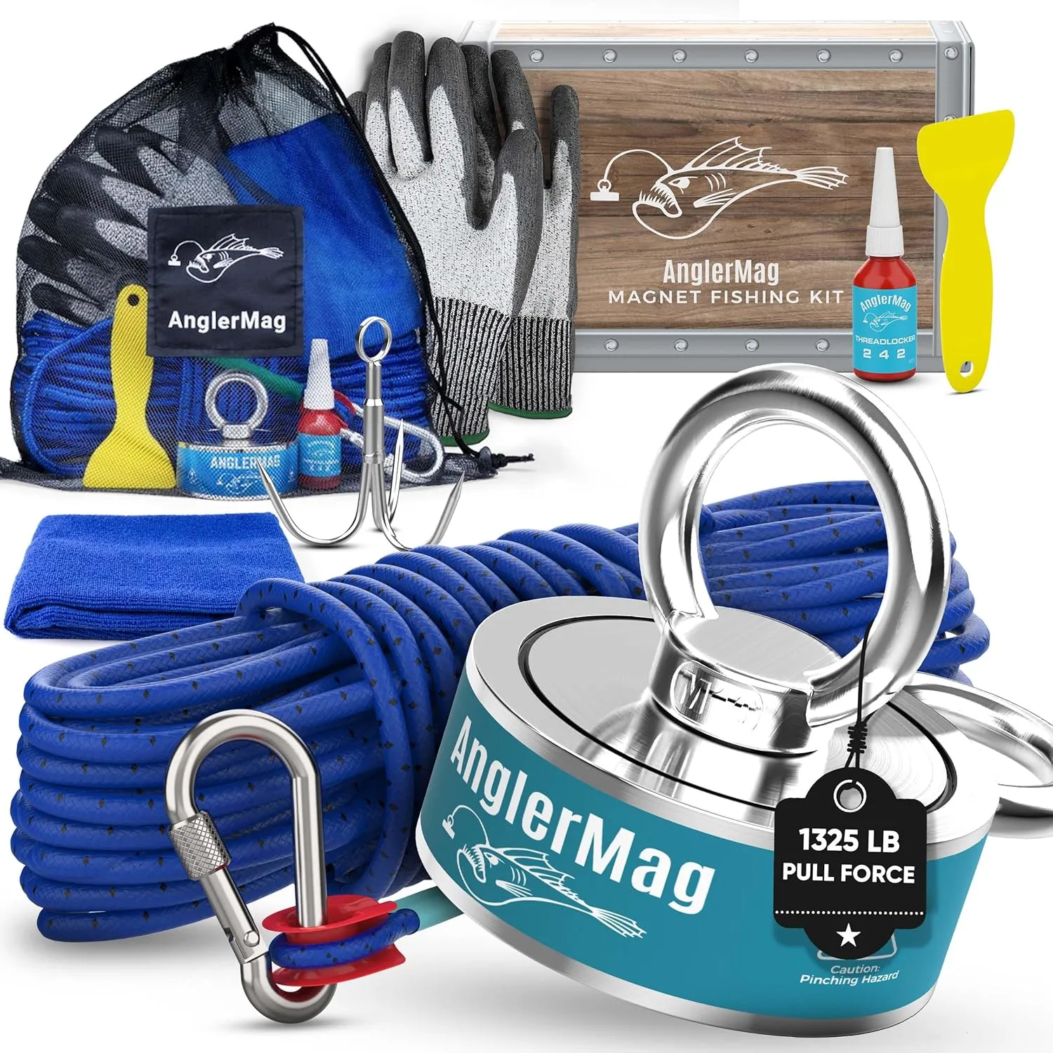 AnglerMag Magnet Fishing Kit, 1325 lbs Double Sided Magnetic Fishing Kit with Rope, Carabiner, Gloves, Grappling Hook & Carrying Bag, 10 Piece Complete Set