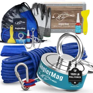 AnglerMag Magnet Fishing Kit, 1325 lbs Double Sided Magnetic Fishing Kit with Rope, Carabiner, Gloves, Grappling Hook & Carrying Bag, 10 Piece Complete Set