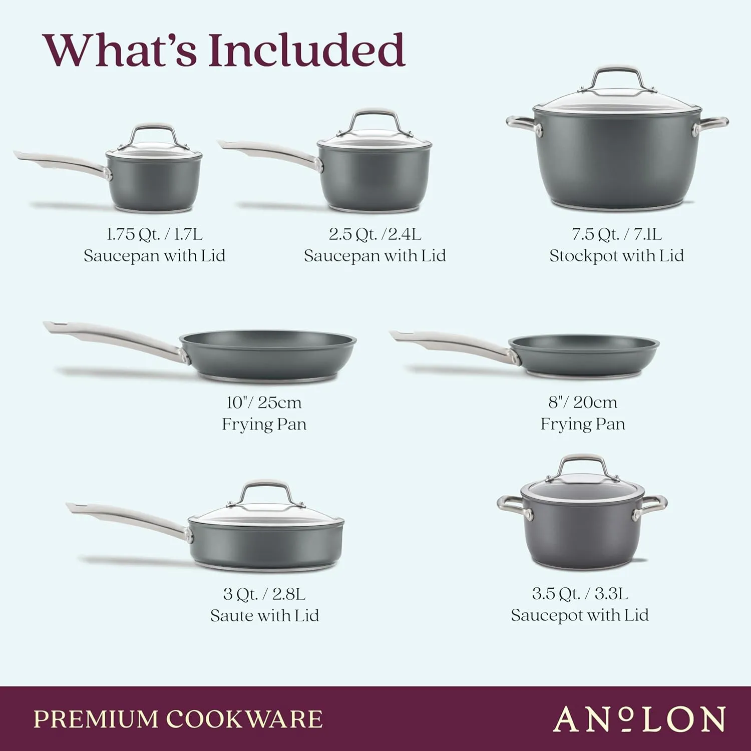 Anolon Accolade Forged Hard Anodized Nonstick Cookware Pots and Pans Set, 12 Piece - Moonstone Gray