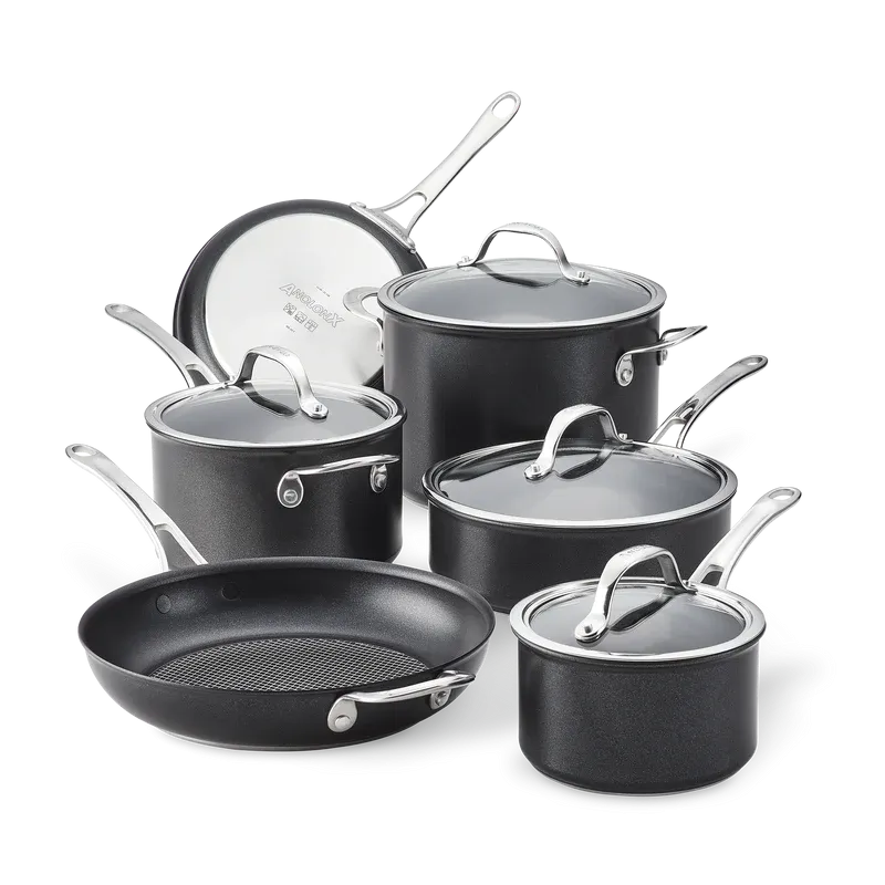Anolon Non Stick Cookware Set Induction Suitable Black – 10 Piece (Covered Saucepan 16cm and 20cm , Covered Stockpot 7.6L , Covered Sauté 3.3L, Fry pan 16cm and 20cm)
