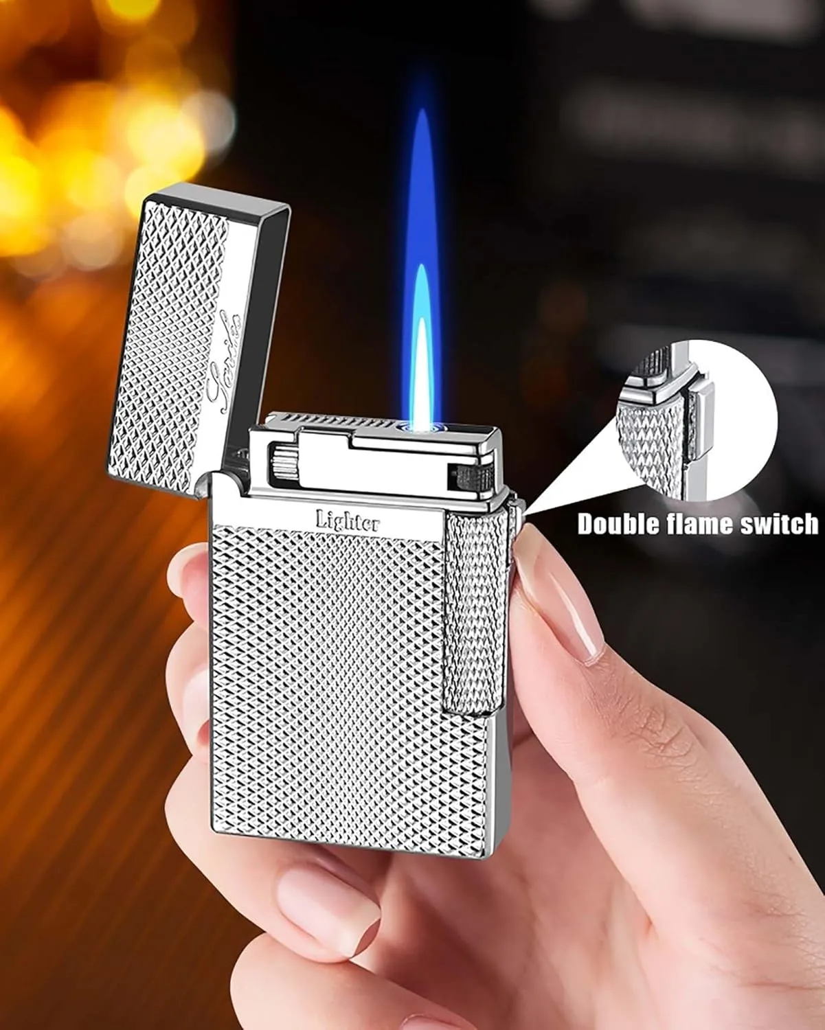 Antique Engraved Metal Butane Lighters, Dual Flame Vintage Metal, Jet Flame Soft Flame Switchable, Adjustable Flame, Refillable Gas Portable Lighter (Fuel Not Included) Gold(Silver2)