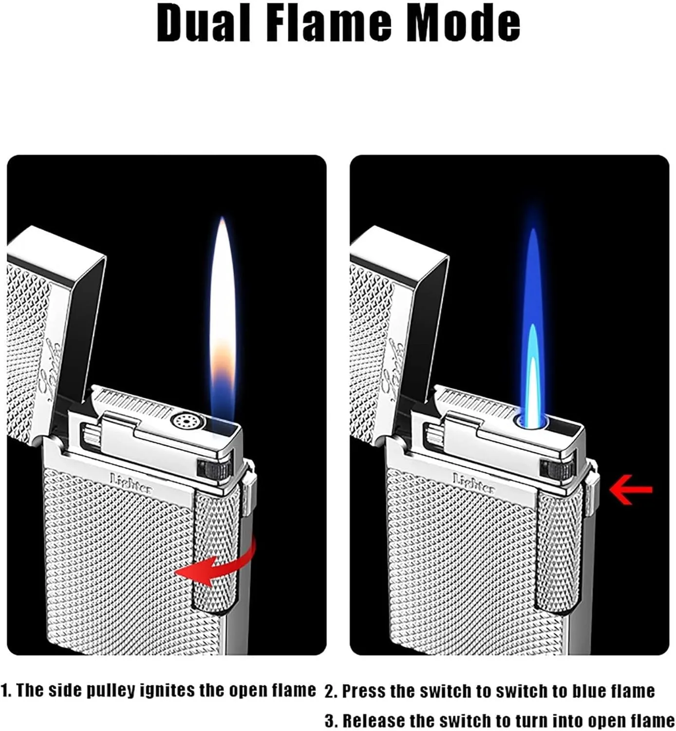 Antique Engraved Metal Butane Lighters, Dual Flame Vintage Metal, Jet Flame Soft Flame Switchable, Adjustable Flame, Refillable Gas Portable Lighter (Fuel Not Included) Gold(Silver2)