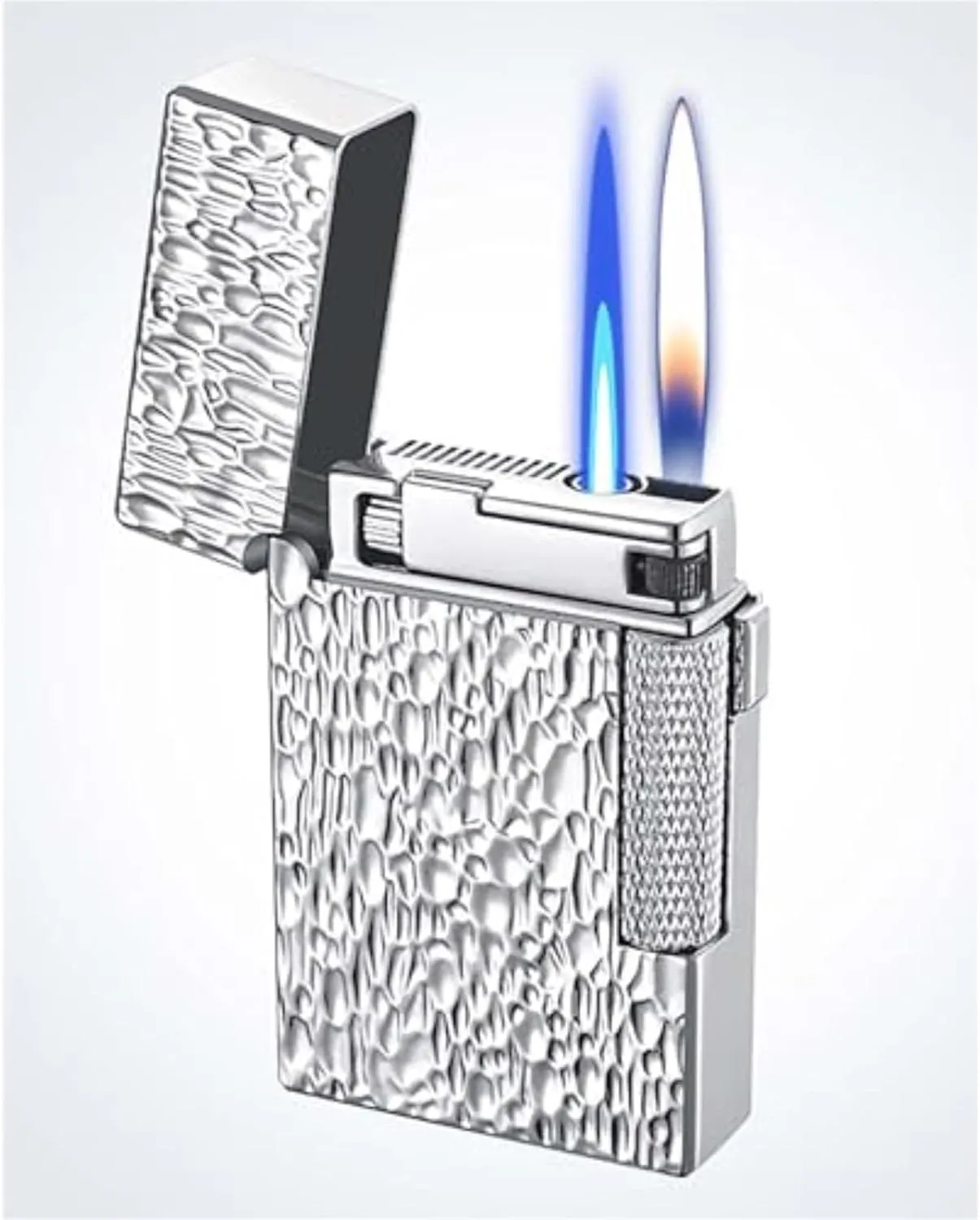 Antique Engraved Metal Butane Lighters, Dual Flame Vintage Metal, Jet Flame Soft Flame Switchable, Adjustable Flame, Refillable Gas Portable Lighter (Fuel Not Included) Gold(Silver2)