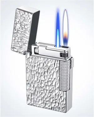 Antique Engraved Metal Butane Lighters, Dual Flame Vintage Metal, Jet Flame Soft Flame Switchable, Adjustable Flame, Refillable Gas Portable Lighter (Fuel Not Included) Gold(Silver2)