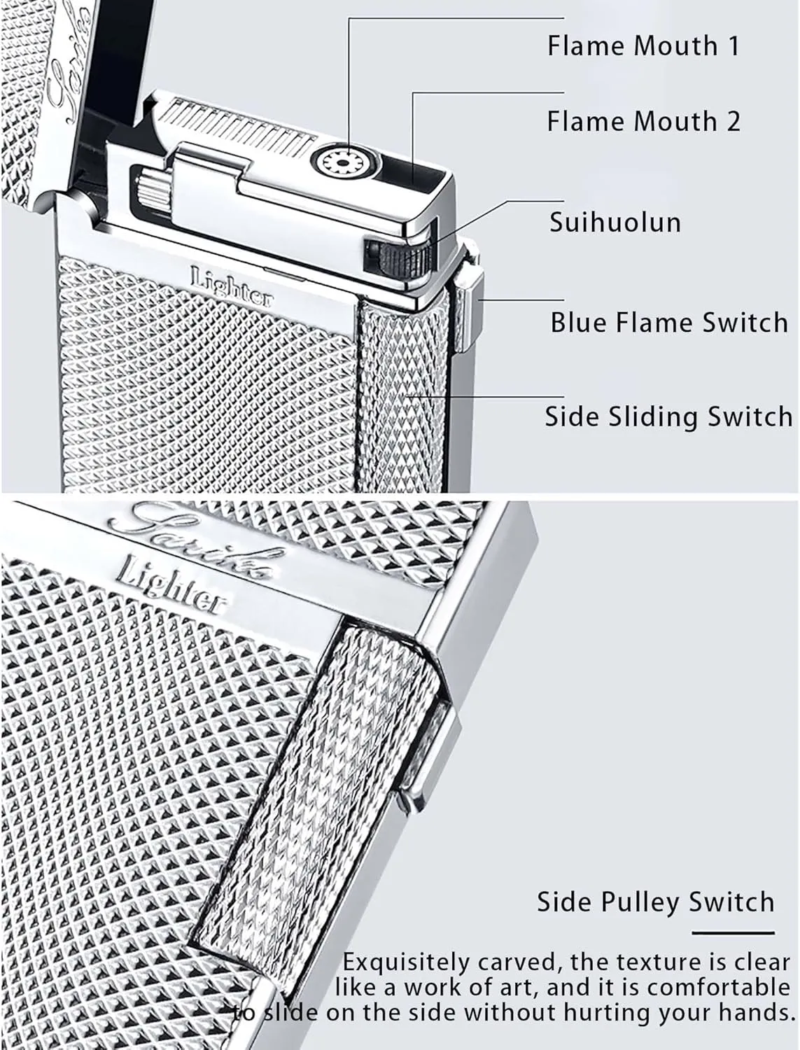 Antique Engraved Metal Butane Lighters, Dual Flame Vintage Metal, Jet Flame Soft Flame Switchable, Adjustable Flame, Refillable Gas Portable Lighter (Fuel Not Included) Gold(Silver2)