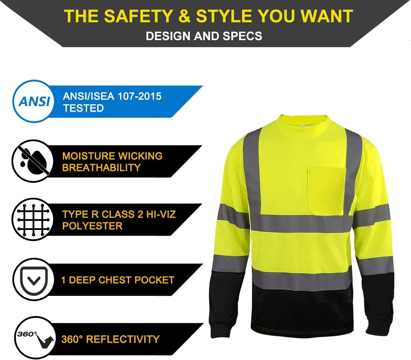 Apparel High Visibility Shirts, Long Sleeve Hi Vis Reflective Safety Shirts with Pocket for Men