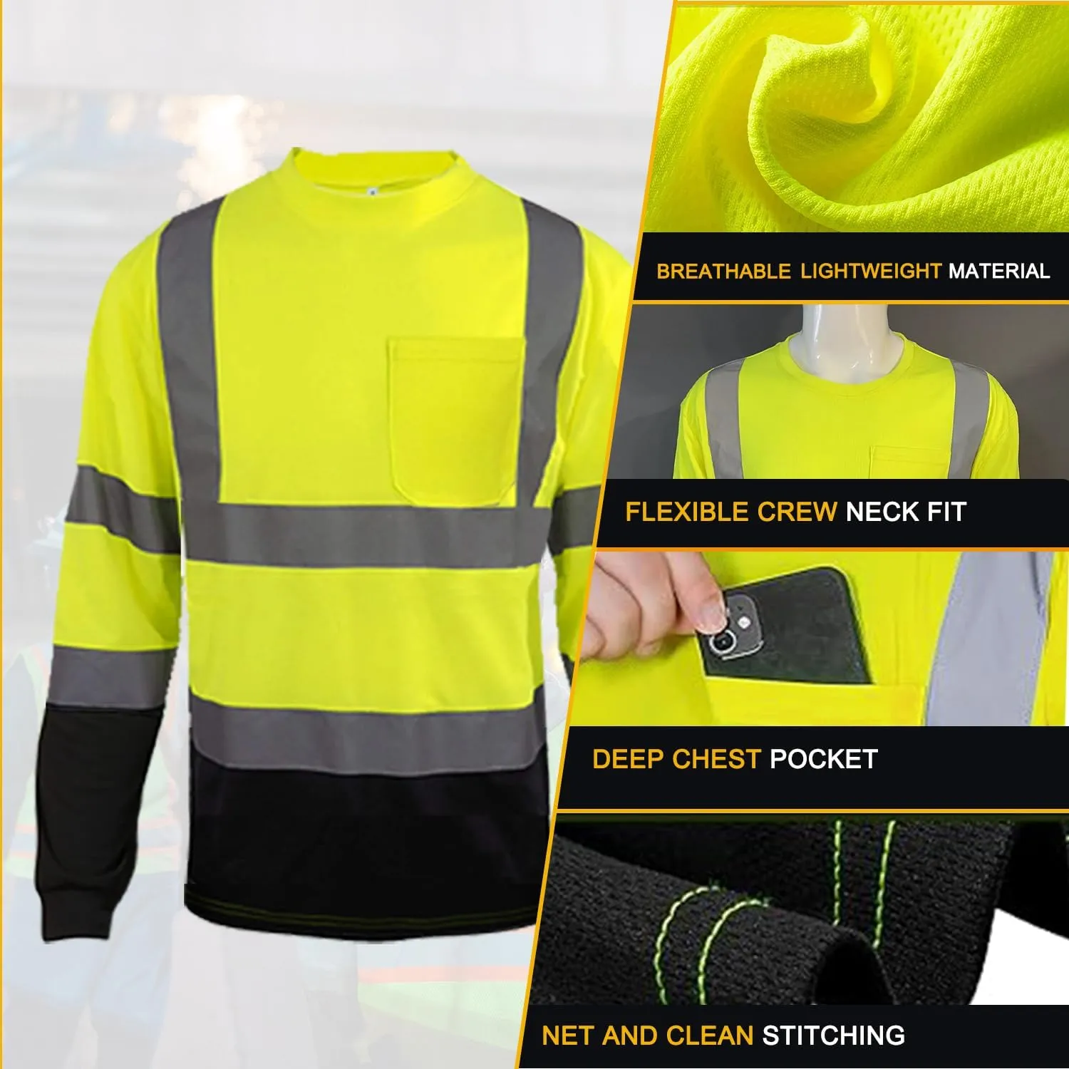 Apparel High Visibility Shirts, Long Sleeve Hi Vis Reflective Safety Shirts with Pocket for Men