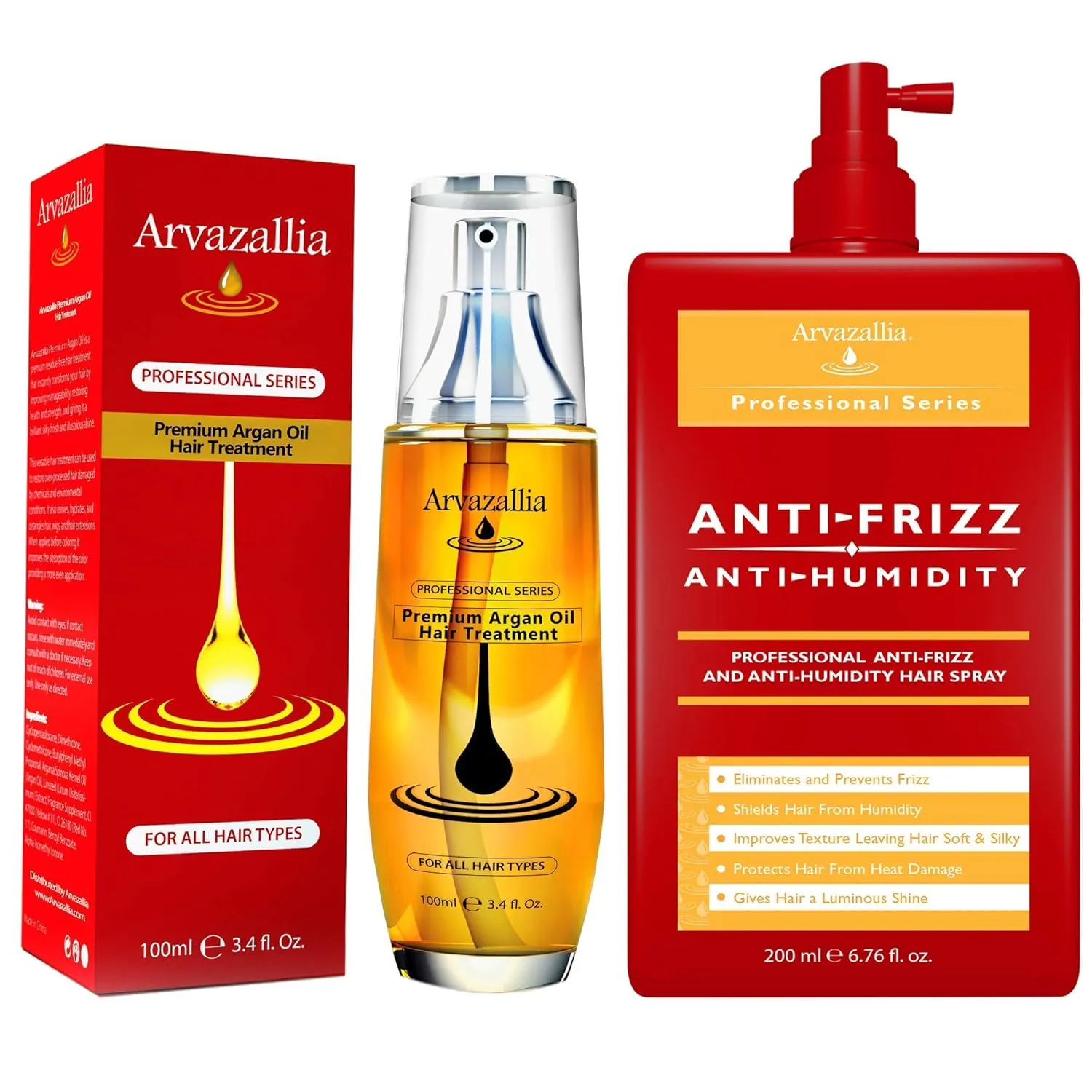 Arvazallia Premium Argan Oil Hair Treatment and Anti-Frizz & Anti-Humidity Hair Spray Bundle - For Gorgeous Soft, Silky, Shiny Hair that Lasts