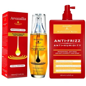 Arvazallia Premium Argan Oil Hair Treatment and Anti-Frizz & Anti-Humidity Hair Spray Bundle - For Gorgeous Soft, Silky, Shiny Hair that Lasts