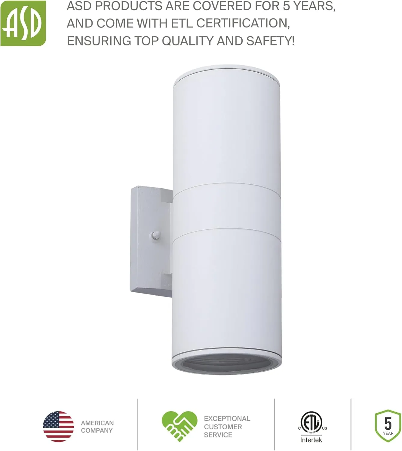 ASD 2 Light Outdoor Wall Light Fixture | 120W E26 Socket 120V ETL Cylinder Up Down Lights | LED/CFL/Incandescent Bulb Exterior Wall Sconce | Front Door, Porch, Patio Lighting | White, 2 Pack