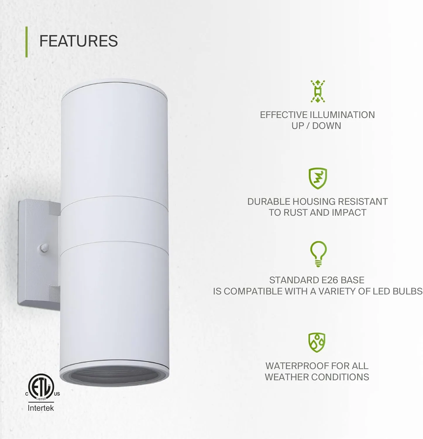 ASD 2 Light Outdoor Wall Light Fixture | 120W E26 Socket 120V ETL Cylinder Up Down Lights | LED/CFL/Incandescent Bulb Exterior Wall Sconce | Front Door, Porch, Patio Lighting | White, 2 Pack