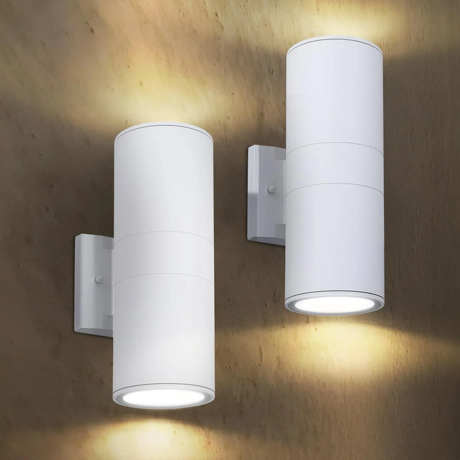 ASD 2 Light Outdoor Wall Light Fixture | 120W E26 Socket 120V ETL Cylinder Up Down Lights | LED/CFL/Incandescent Bulb Exterior Wall Sconce | Front Door, Porch, Patio Lighting | White, 2 Pack