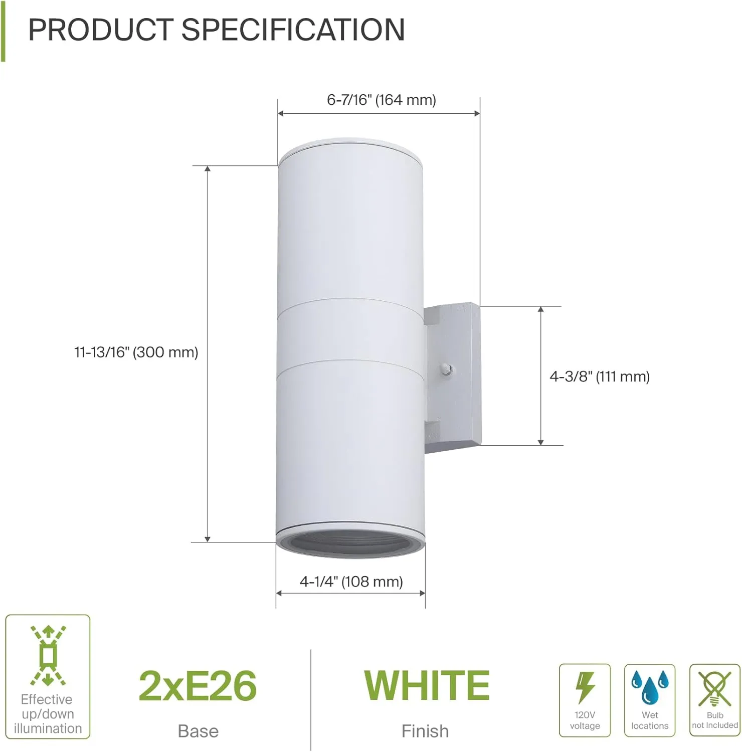 ASD 2 Light Outdoor Wall Light Fixture | 120W E26 Socket 120V ETL Cylinder Up Down Lights | LED/CFL/Incandescent Bulb Exterior Wall Sconce | Front Door, Porch, Patio Lighting | White, 2 Pack