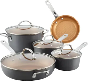 Ayesha Curry Home Collection Hard Anodized Nonstick Cookware Pots and Pans Set, 9 Piece, Charcoal Gray