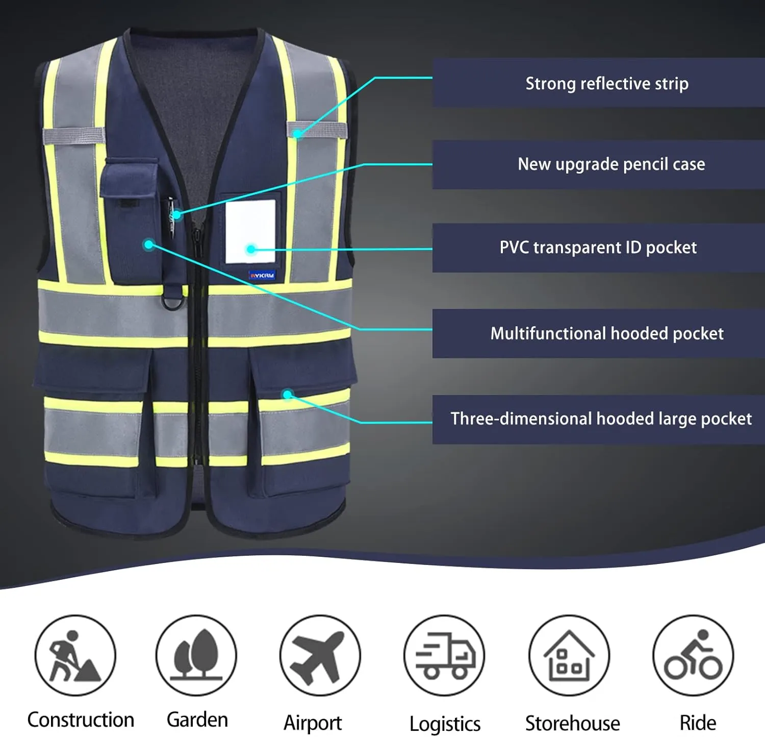 AYKRM Custom Logo Personalised Printed High Visibility Reflective 2 two tone work construction Safety Vest