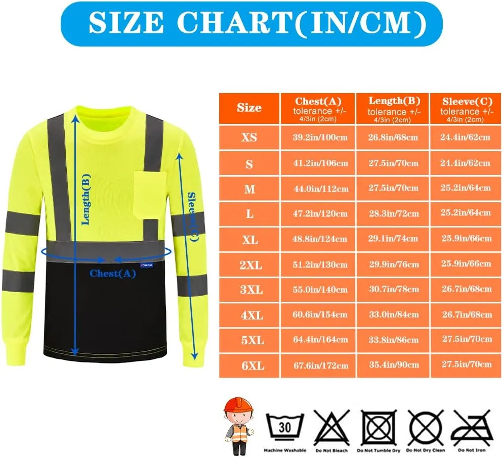 AYKRM Safety T Shirt Reflective High Visibility hi vis Long Sleeve T Shirt (XS-6XL)