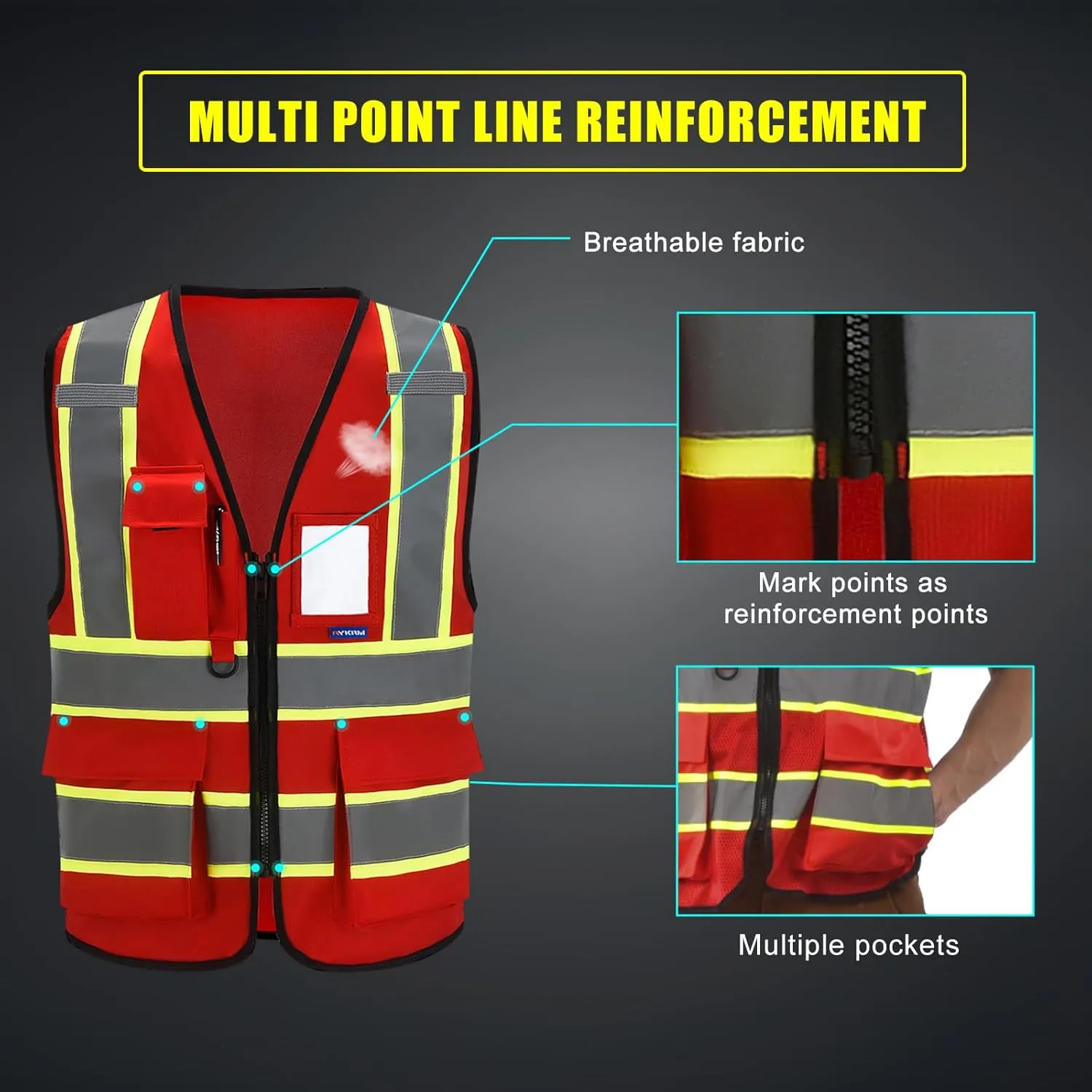 AYKRM Security Vest for Men Women 7 Pockets High Visibility Reflective Safety Vest Front Zipper Meets ANSI/ISEA