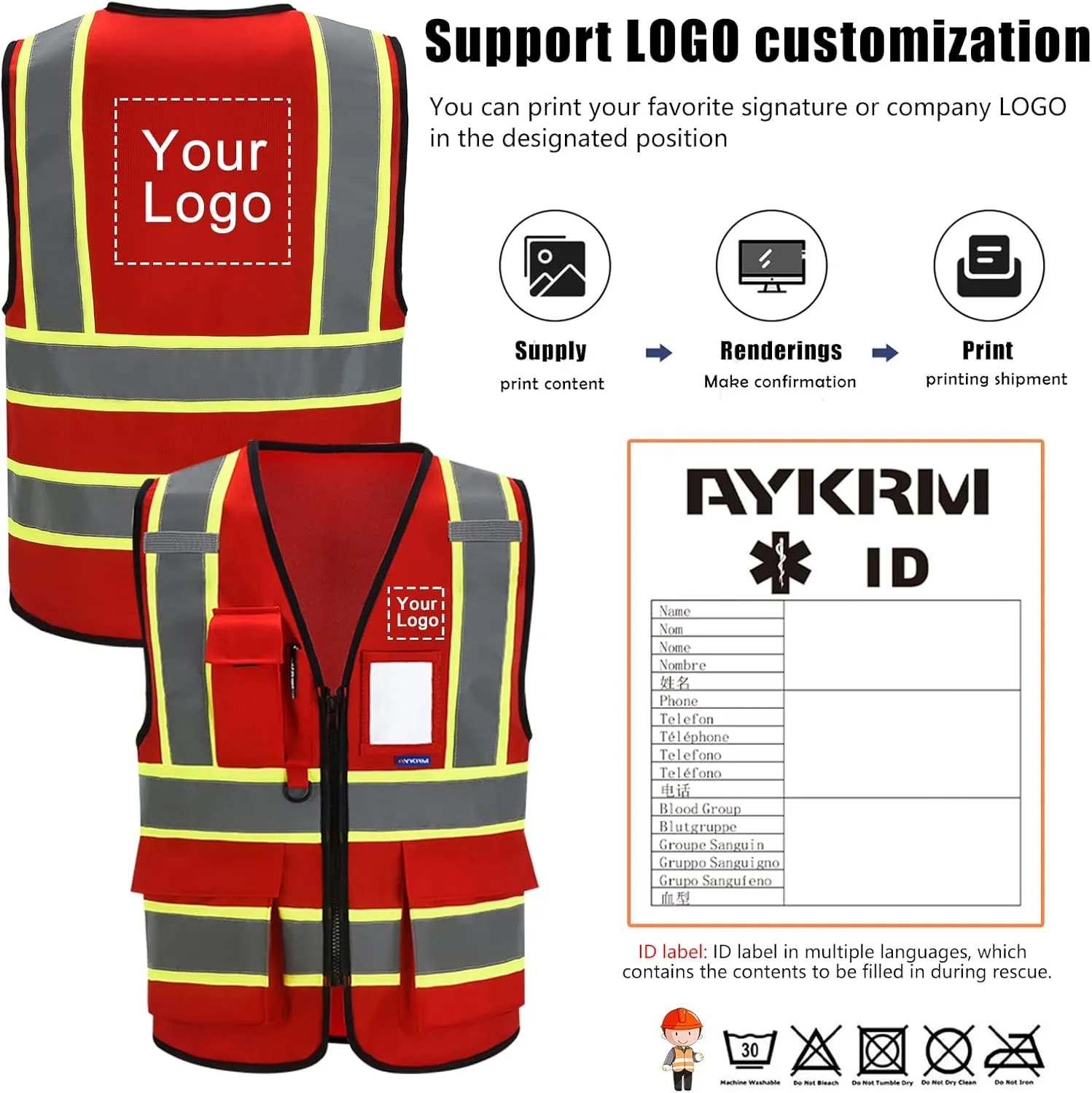 AYKRM Security Vest for Men Women 7 Pockets High Visibility Reflective Safety Vest Front Zipper Meets ANSI/ISEA