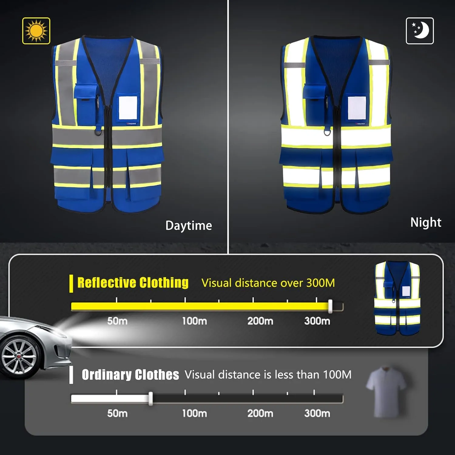 AYKRM Security Vest for Men Women 7 Pockets High Visibility Reflective Safety Vest Front Zipper Meets ANSI/ISEA