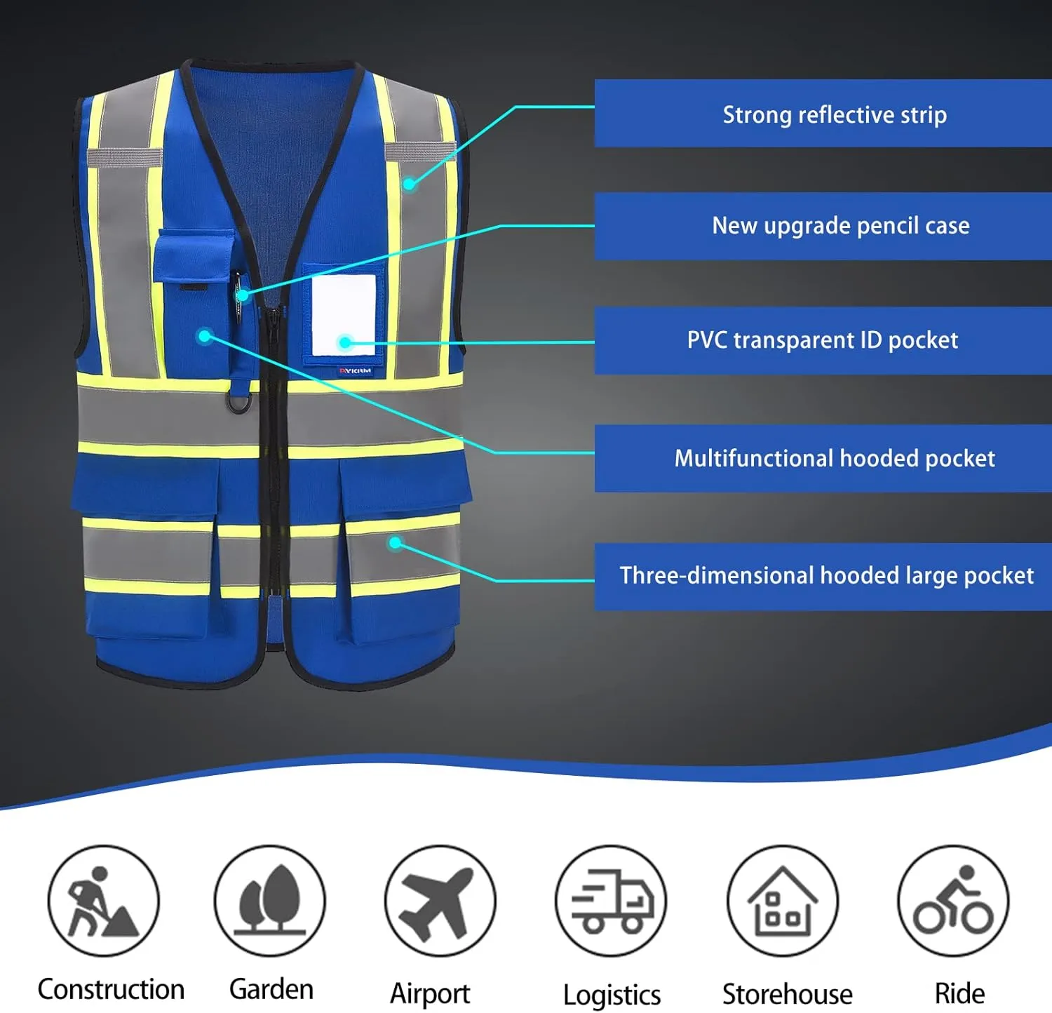 AYKRM Security Vest for Men Women 7 Pockets High Visibility Reflective Safety Vest Front Zipper Meets ANSI/ISEA