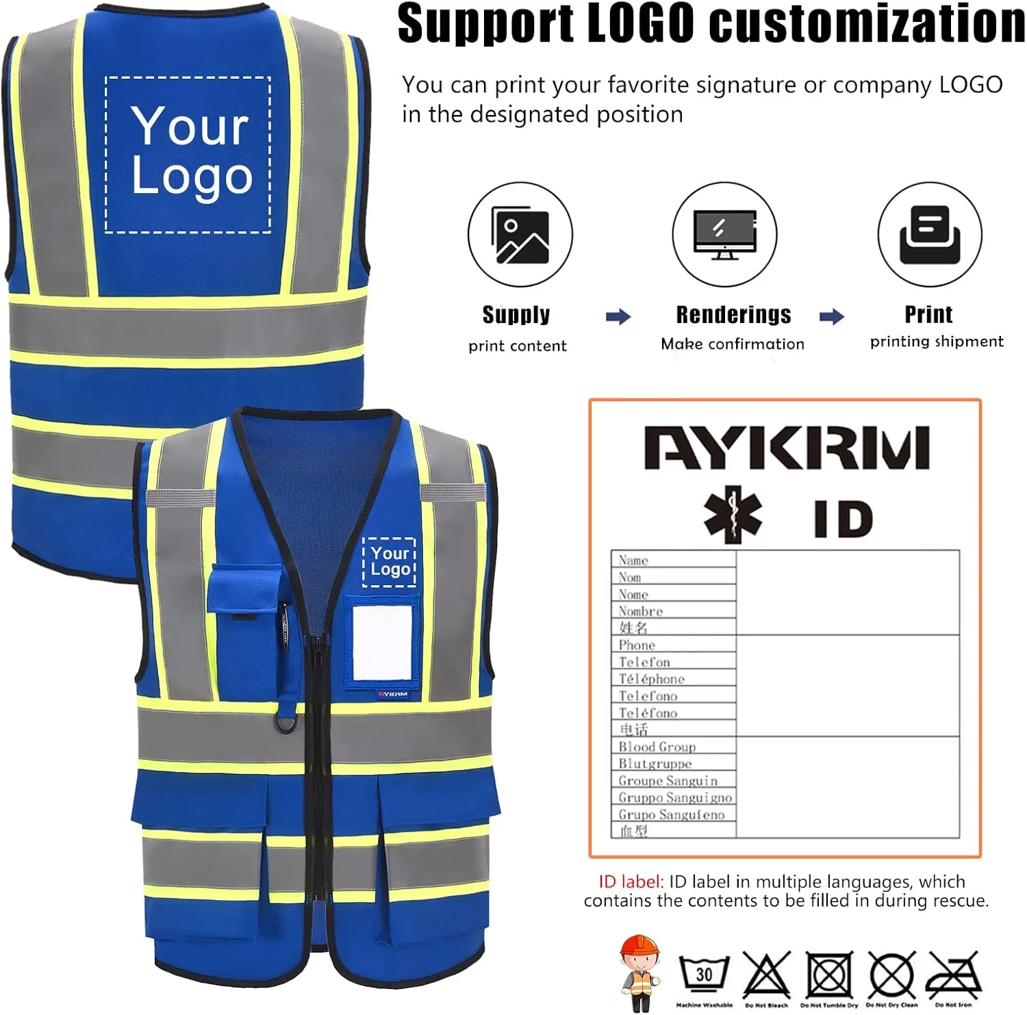 AYKRM Security Vest for Men Women 7 Pockets High Visibility Reflective Safety Vest Front Zipper Meets ANSI/ISEA