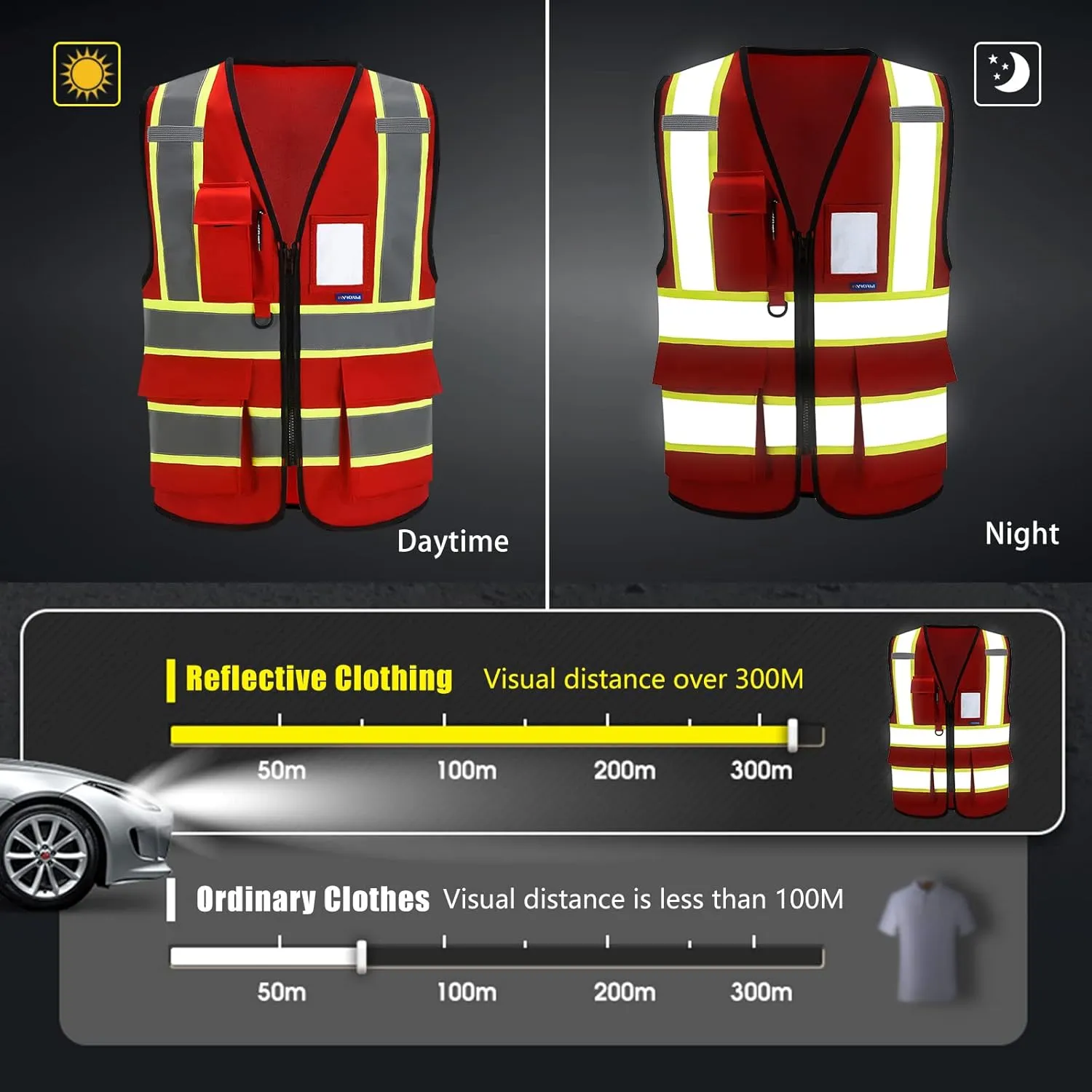 AYKRM Security Vest for Men Women 7 Pockets High Visibility Reflective Safety Vest Front Zipper Meets ANSI/ISEA