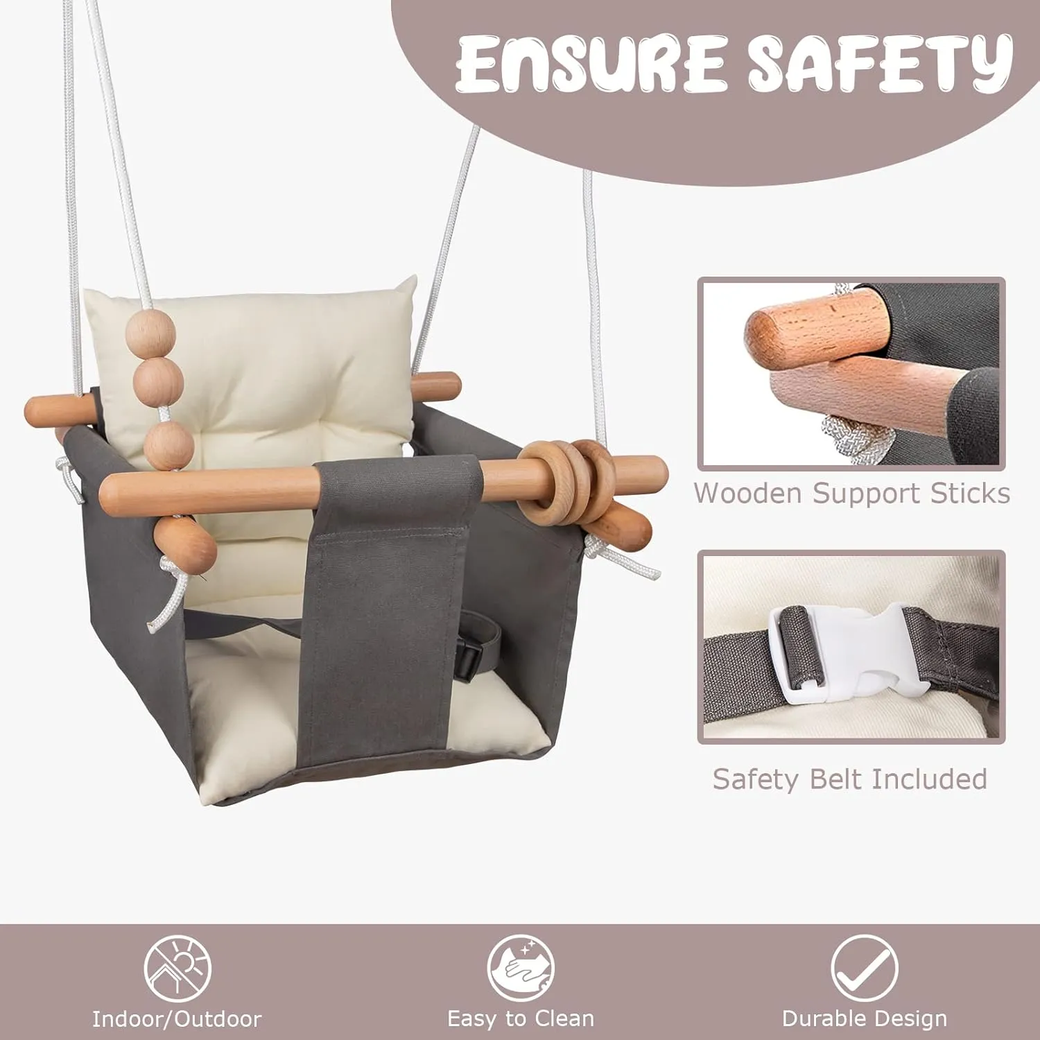 Baby Swing Outdoor Indoor Toddler Swing Seat with Safety Belt, Canvas Hanging Swings Outside Tree Swing Great Gift for Baby Boys Girls Kids Lovers