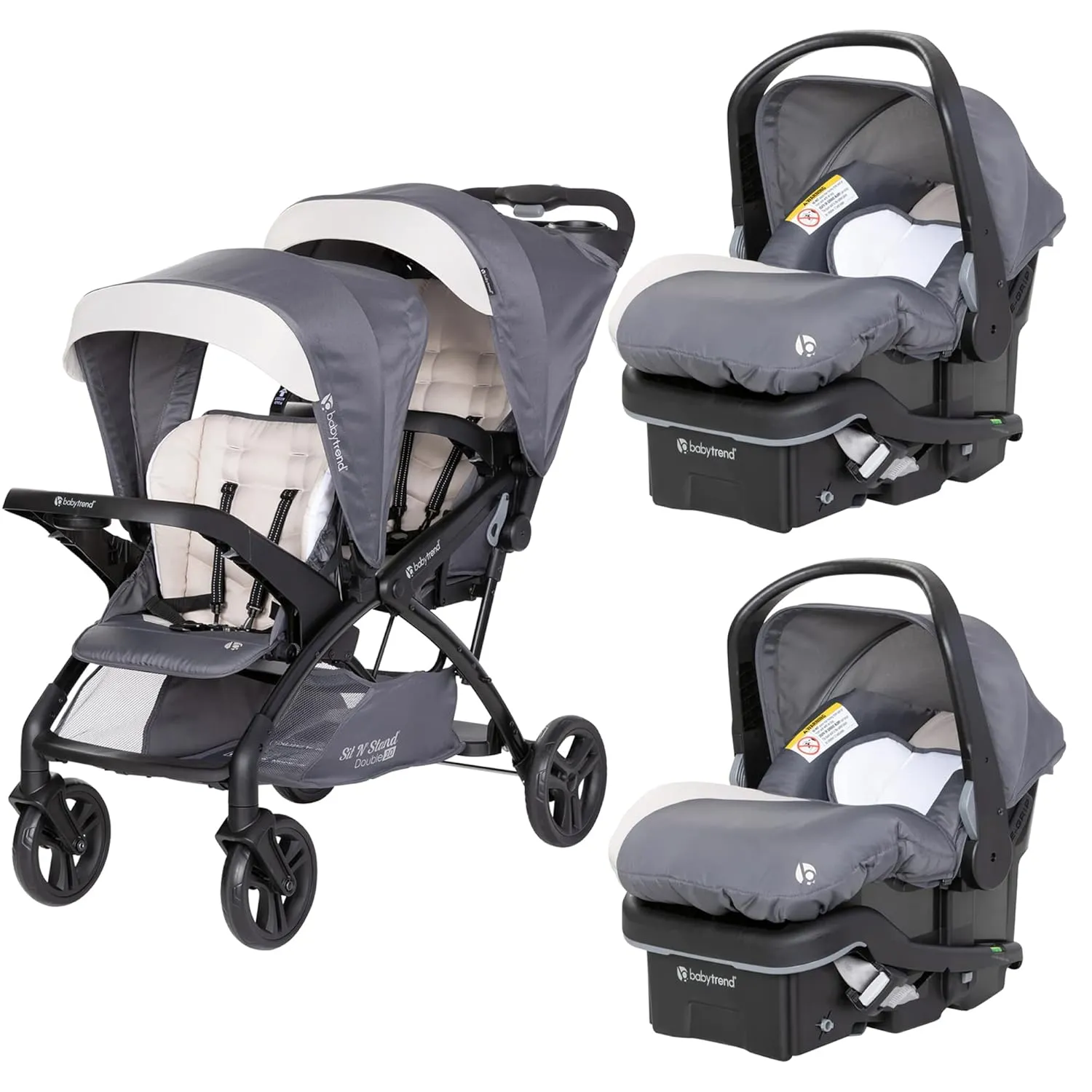 Baby Trend Sit N' Stand Tandem Double Stroller w/ 2 Pack EZ-Lift Plus Infant Car Seats, Magnolia