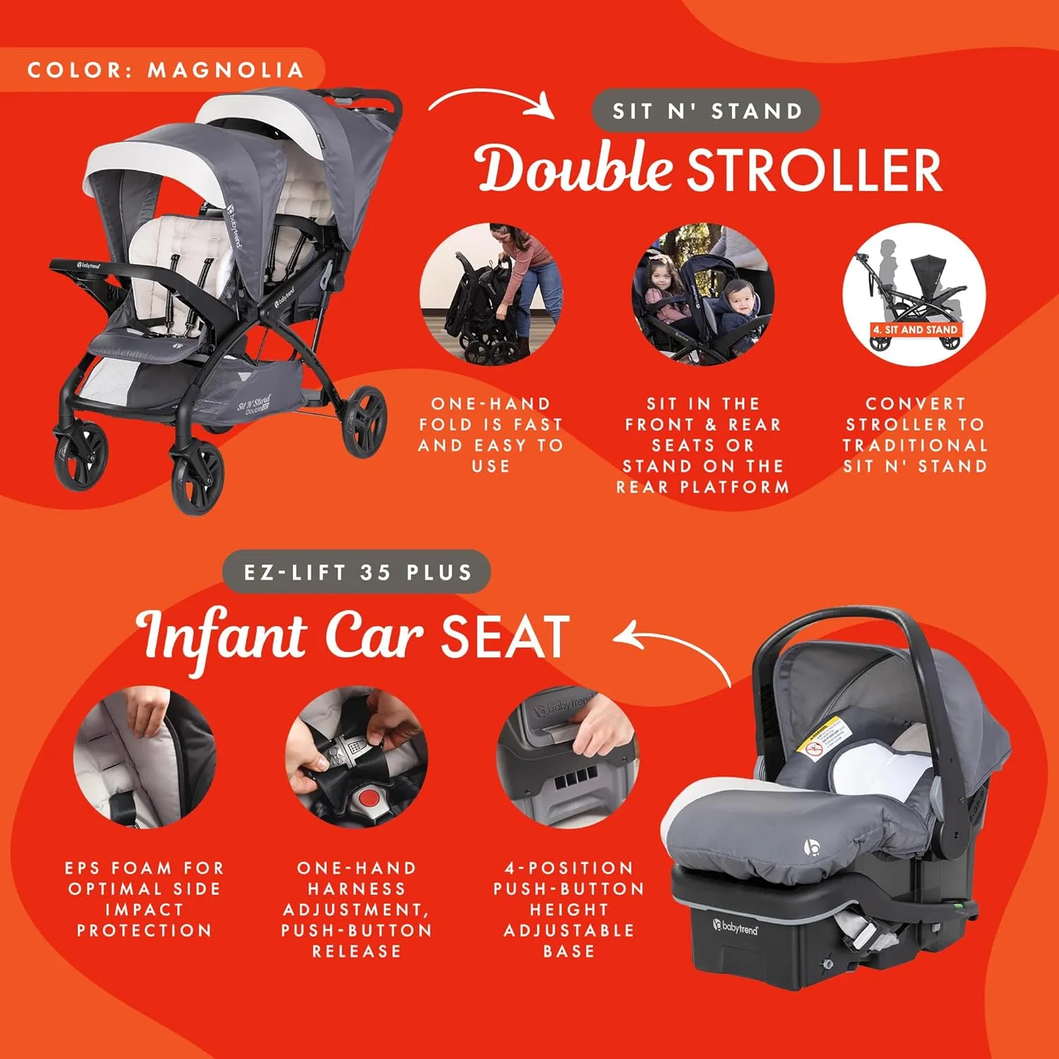 Baby Trend Sit N' Stand Tandem Double Stroller w/ 2 Pack EZ-Lift Plus Infant Car Seats, Magnolia