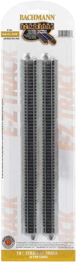 Bachmann Trains Snap Fit E-Z Track® 10" Straight Track (6/Card) Nickel Silver Rails Gray Roadbed – N Scale