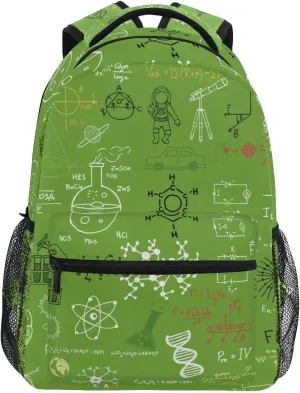 Backpack Green Education Science Formulas Colorful Hippie Hand Written Daypack Shoulder Bag with Name Label Tag for Travel Hiking Casual Camping Sports Gym