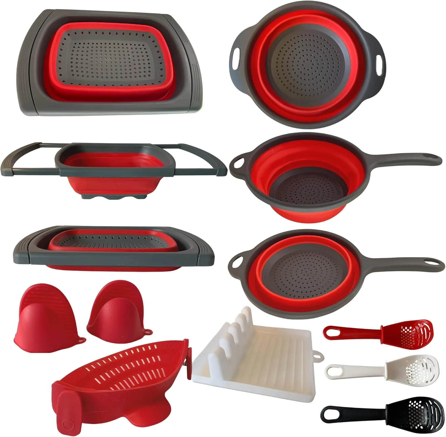 BaraBara Silicone 10 pcs Telescopic Collapsible Strainers with Handles, Foldable Bowl, Clip on Drainer. Red Spoon Rest, 3 ladle Masher Spoons. Silicone Gloves Heat Resistant Bundle Cooking Set.